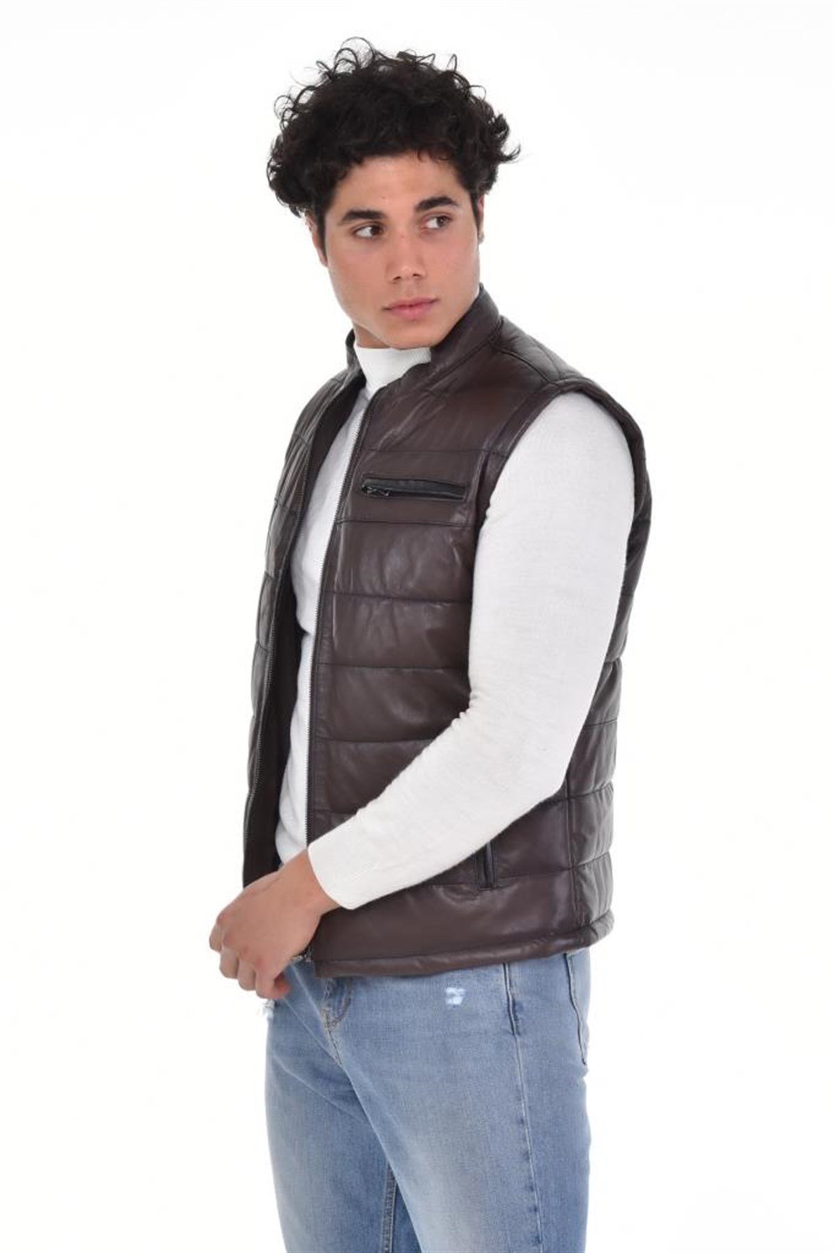 Koyu Kahverengi Üç Cepli Kabertmalı  Yelek Hakiki Erkek Deri Mont, Hakiki Kuzu Deri Ceket