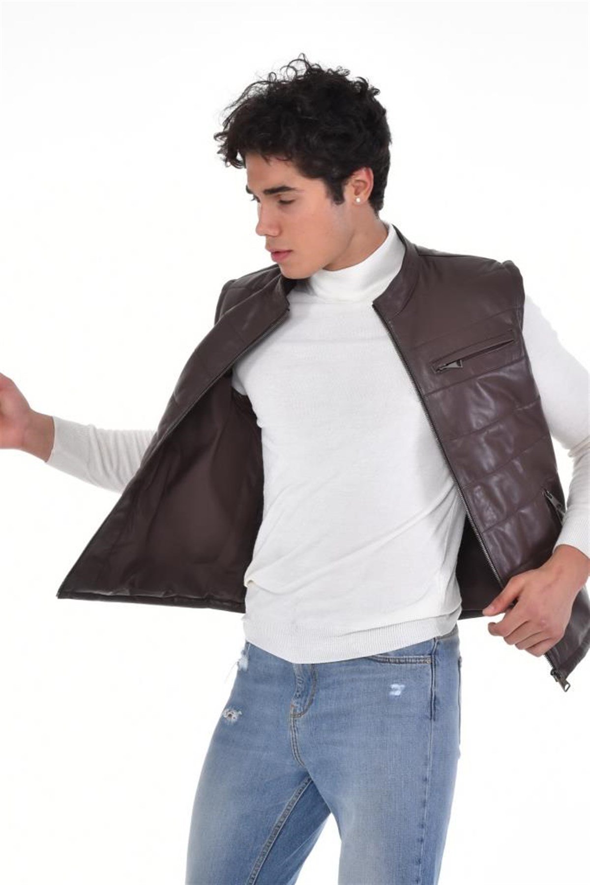 Koyu Kahverengi Üç Cepli Yelek Hakiki Erkek Deri Mont, Hakiki Kuzu Deri Ceket