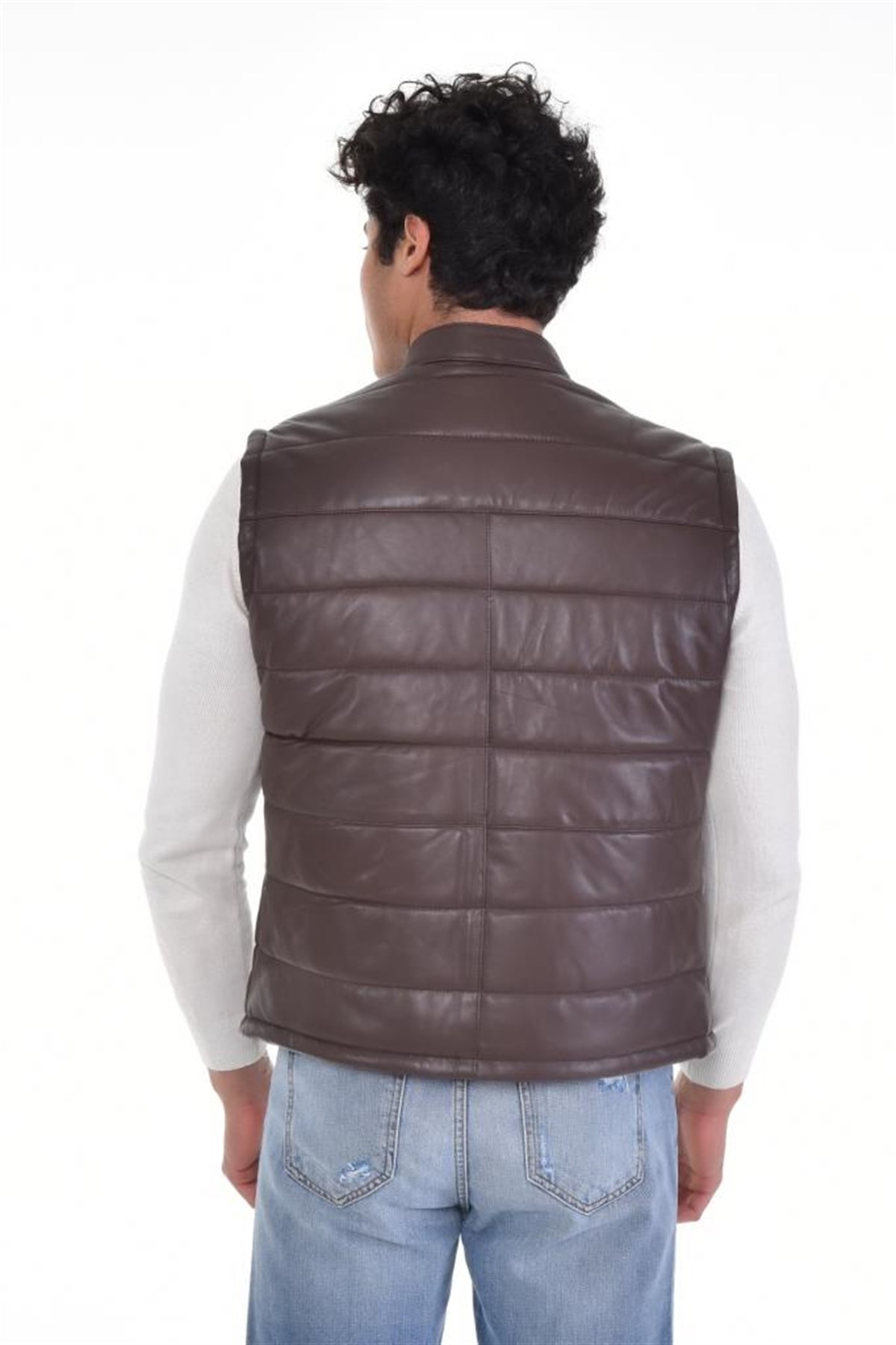 Koyu Kahverengi Üç Cepli Yelek Hakiki Erkek Deri Mont, Hakiki Kuzu Deri Ceket