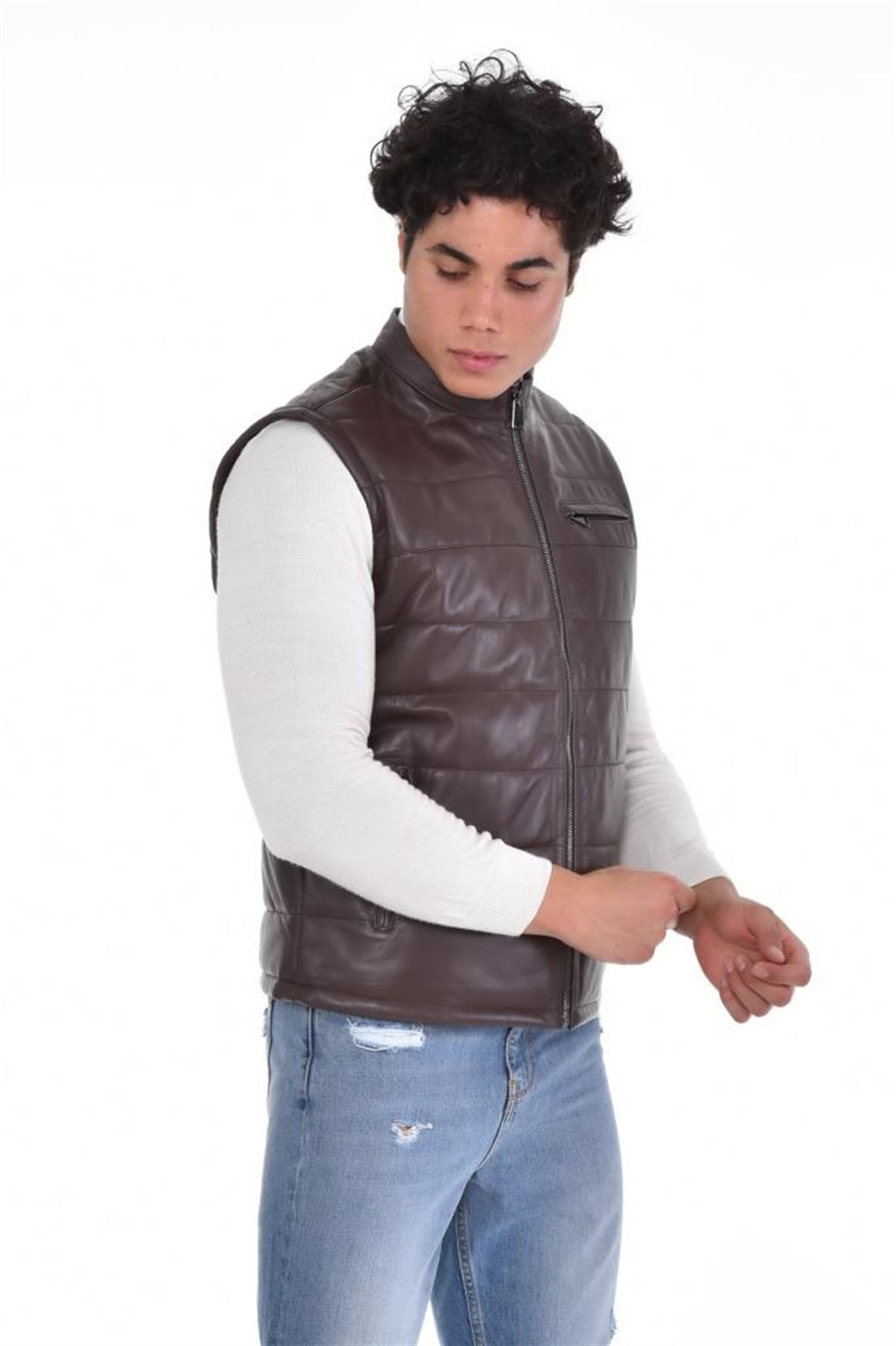 Koyu Kahverengi Üç Cepli Yelek Hakiki Erkek Deri Mont, Hakiki Kuzu Deri Ceket