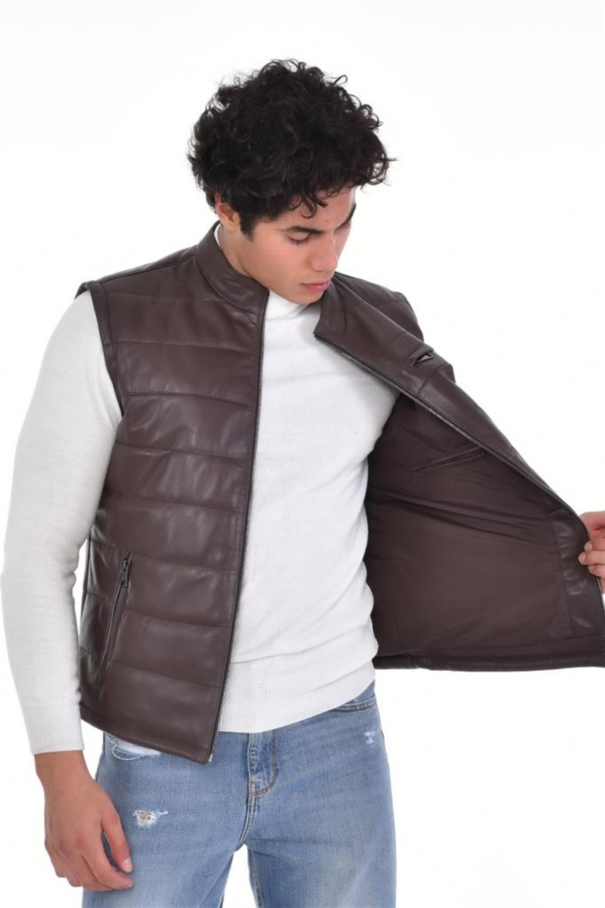 Koyu Kahverengi Üç Cepli Yelek Hakiki Erkek Deri Mont, Hakiki Kuzu Deri Ceket