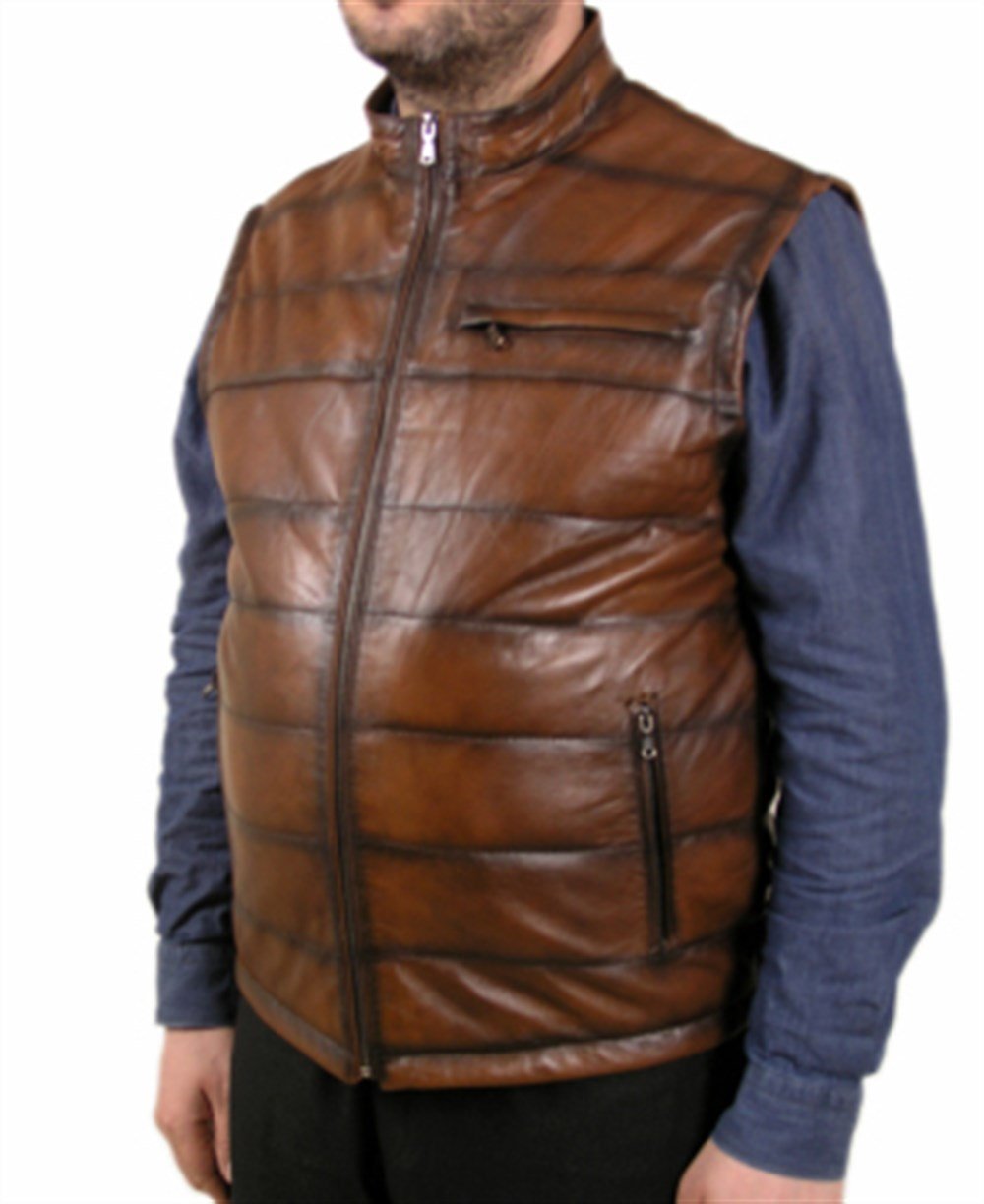 Şişme Spor Erkek Deri Yelek Taba Kombinasyon