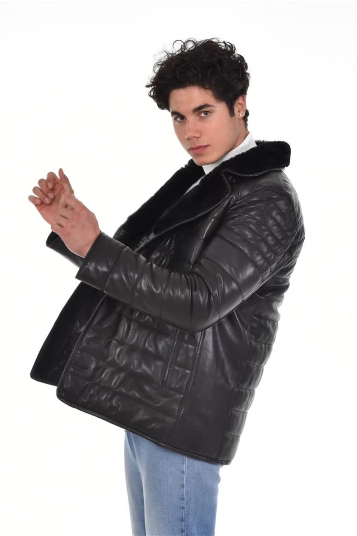 Siyah Çift Cepli Yaka Düğmeli Kürklü  Hakiki Erkek Deri Mont, Hakiki Kuzu Deri Ceket