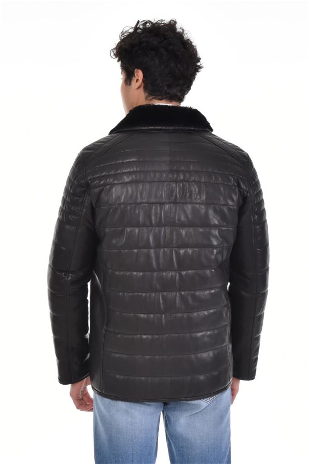 Siyah Çift Cepli Yaka Düğmeli Kürklü  Hakiki Erkek Deri Mont, Hakiki Kuzu Deri Ceket