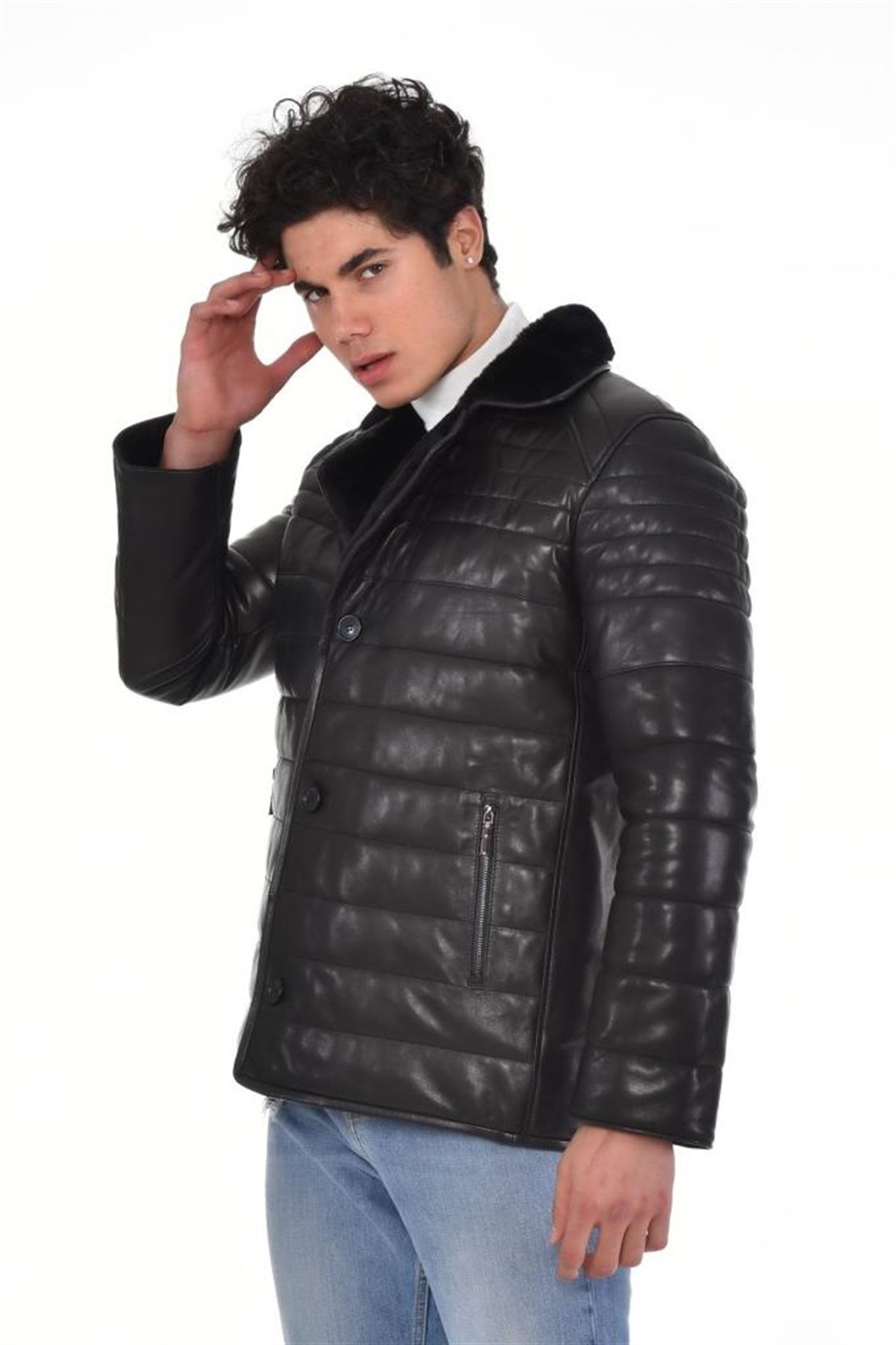 Siyah Çift Cepli Yaka Düğmeli Kürklü  Hakiki Erkek Deri Mont, Hakiki Kuzu Deri Ceket