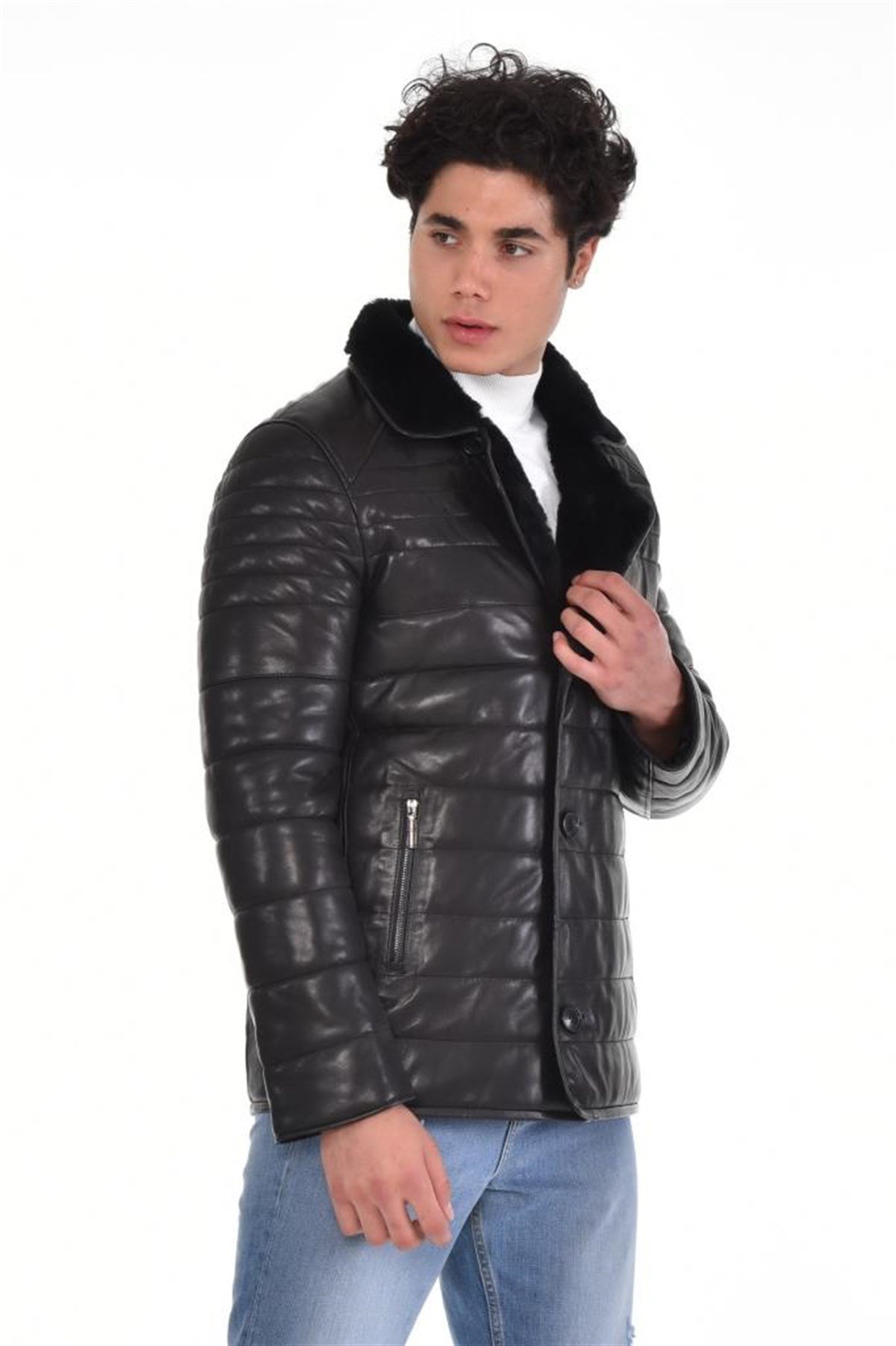 Siyah Çift Cepli Yaka Düğmeli Kürklü  Hakiki Erkek Deri Mont, Hakiki Kuzu Deri Ceket