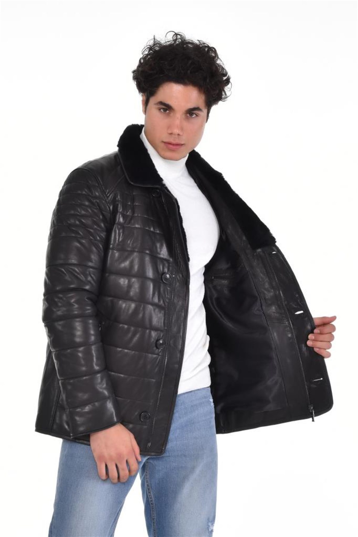 Siyah Çift Cepli Yaka Düğmeli Kürklü  Hakiki Erkek Deri Mont, Hakiki Kuzu Deri Ceket