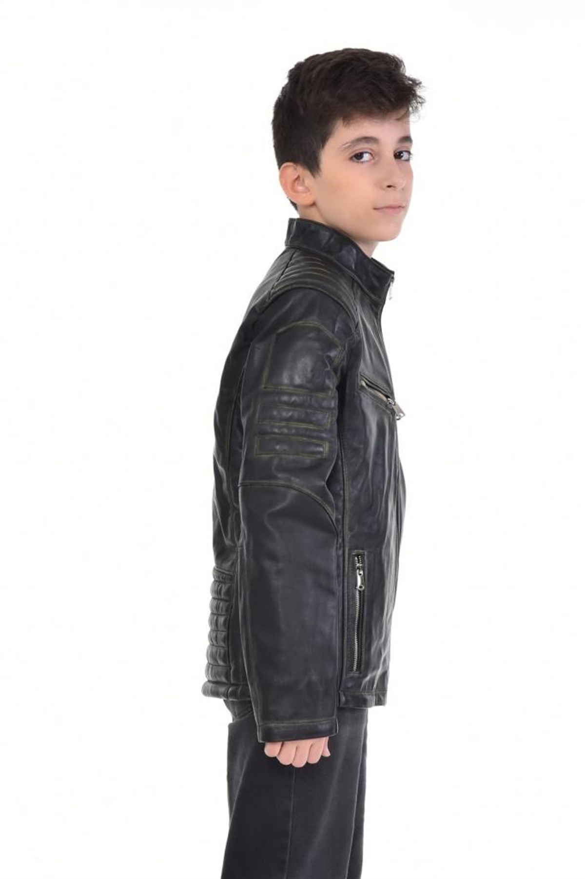 Siyah Dört Cepli Eskitme Çocuk Hakiki Erkek Deri Mont, Hakiki Kuzu Deri Ceket