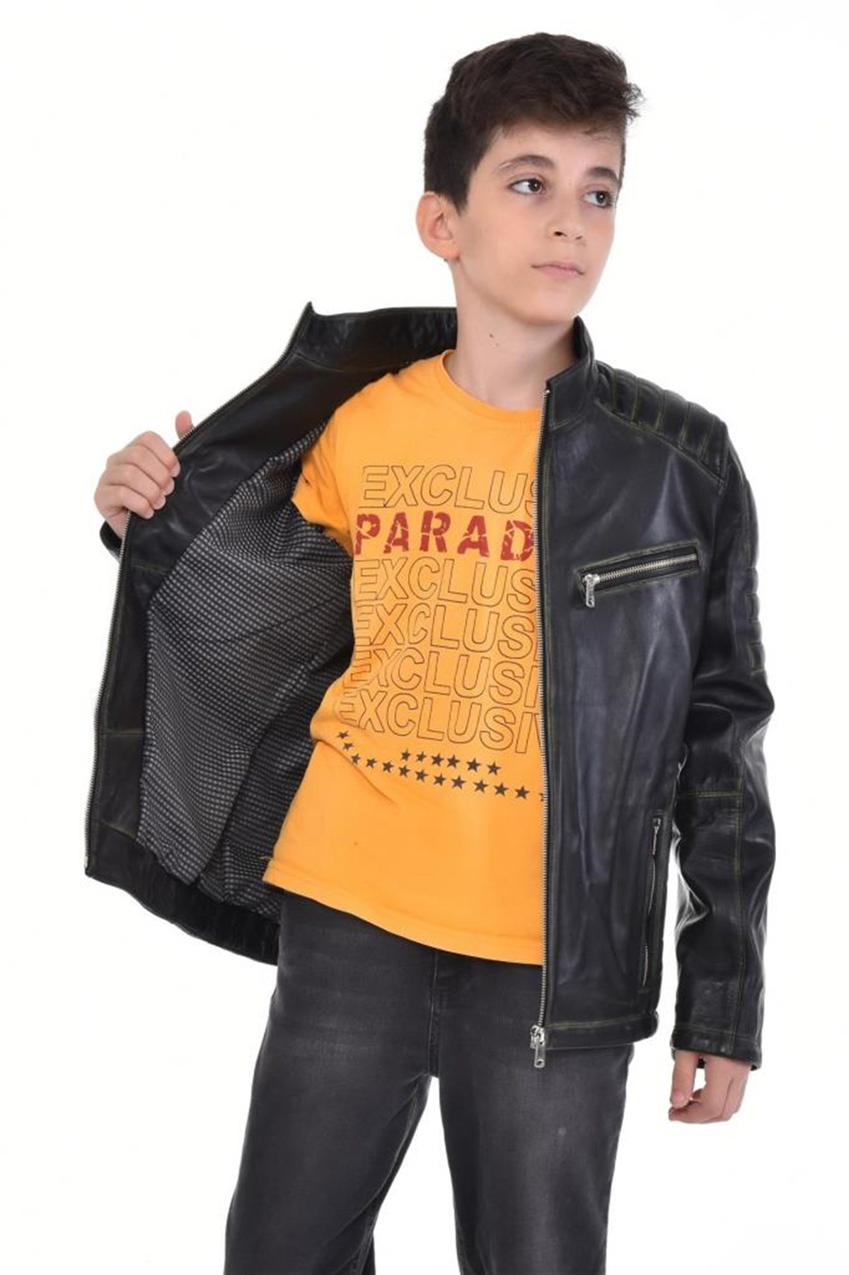 Siyah Dört Cepli Eskitme Çocuk Hakiki Erkek Deri Mont, Hakiki Kuzu Deri Ceket