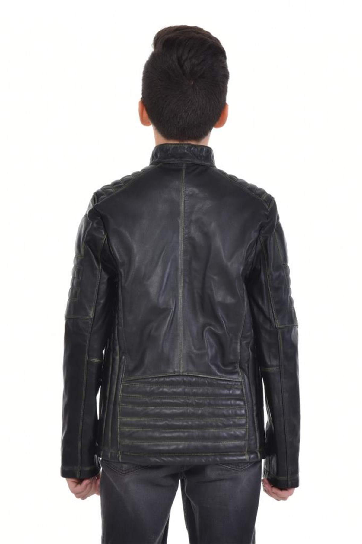 Siyah Dört Cepli Eskitme Çocuk Hakiki Erkek Deri Mont, Hakiki Kuzu Deri Ceket