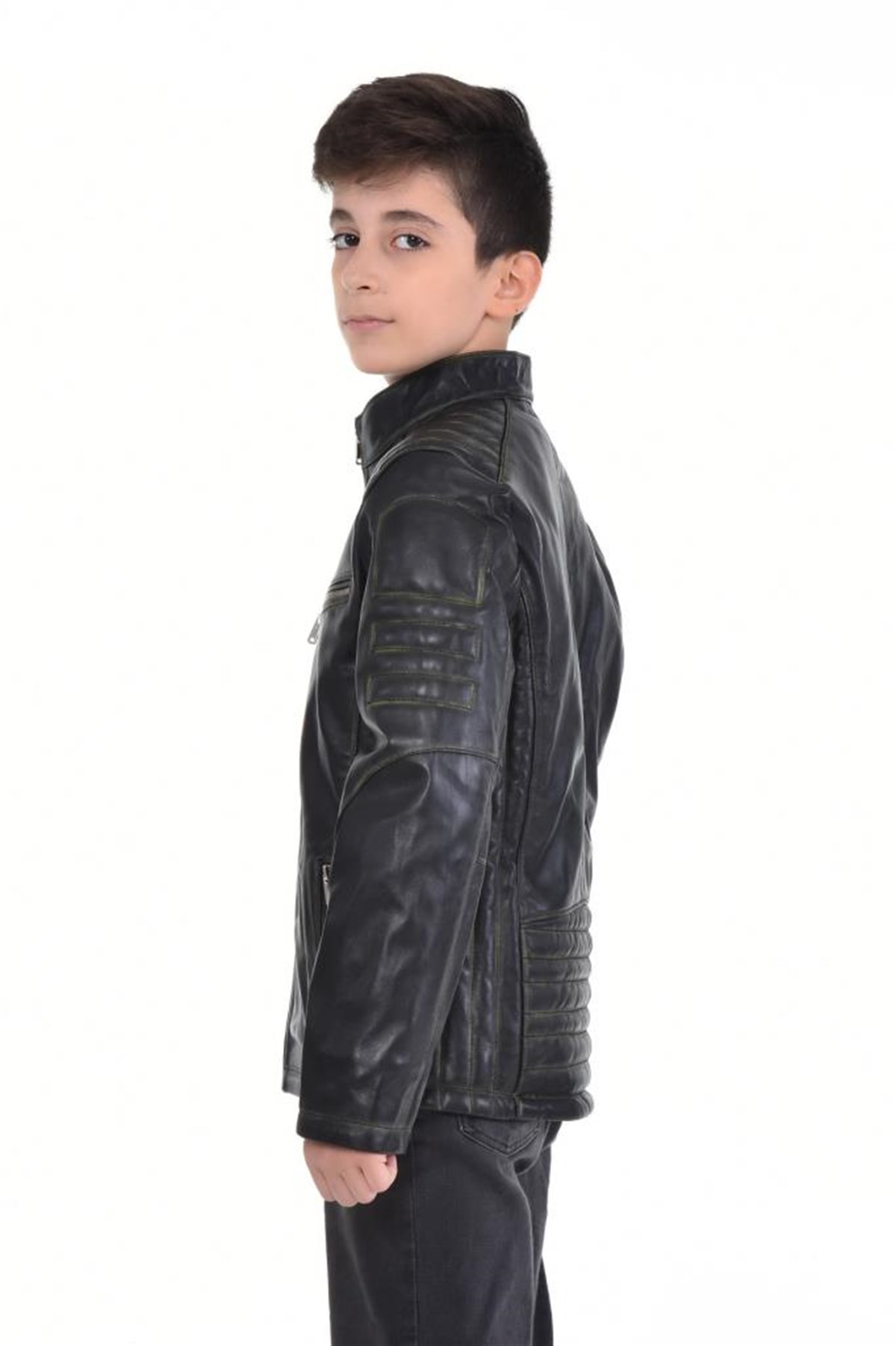 Siyah Dört Cepli Eskitme Çocuk Hakiki Erkek Deri Mont, Hakiki Kuzu Deri Ceket