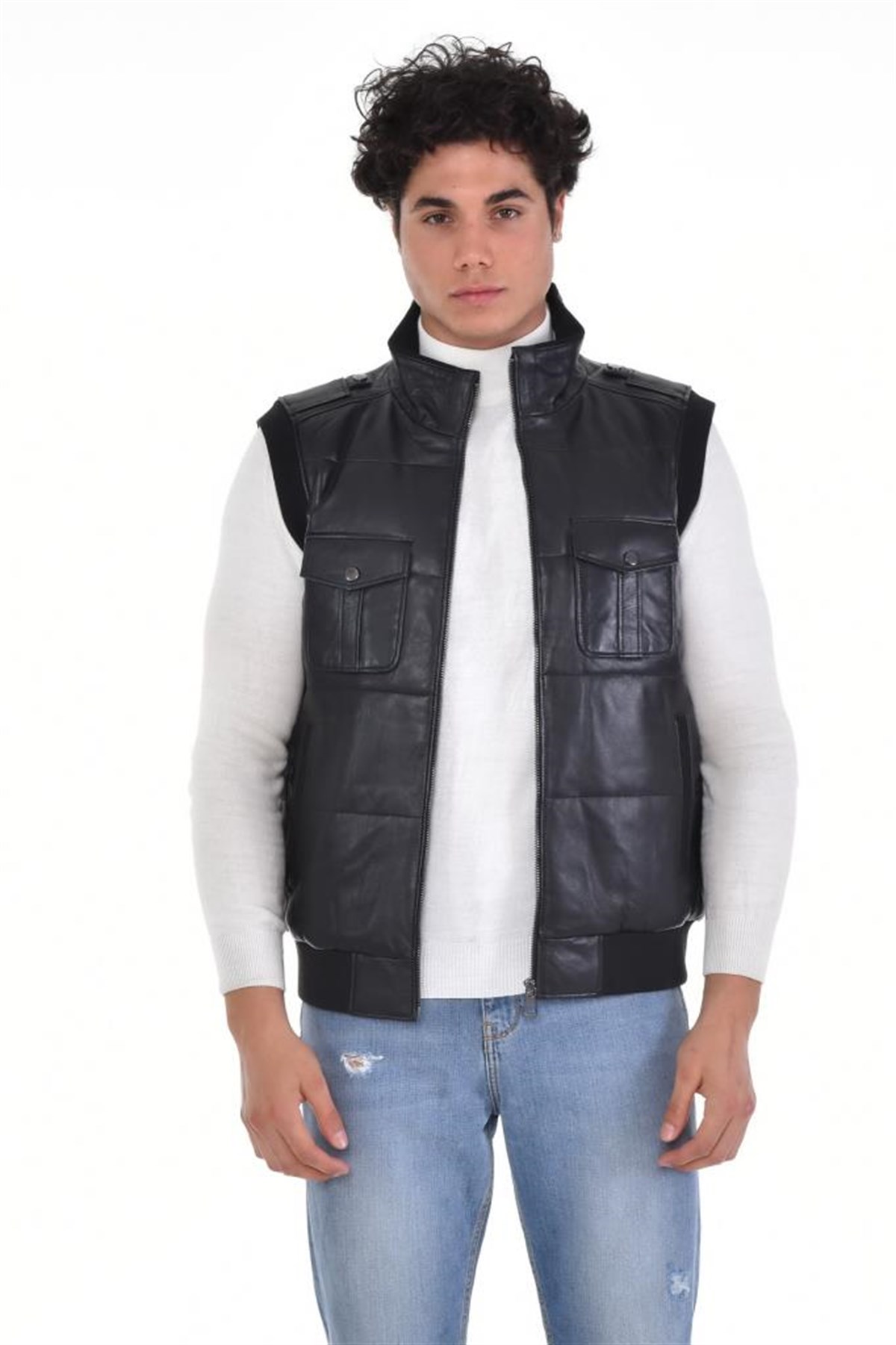 Siyah Dört Cepli Yelek Manşetli Hakiki Erkek Deri Mont, Hakiki Kuzu Deri Ceket