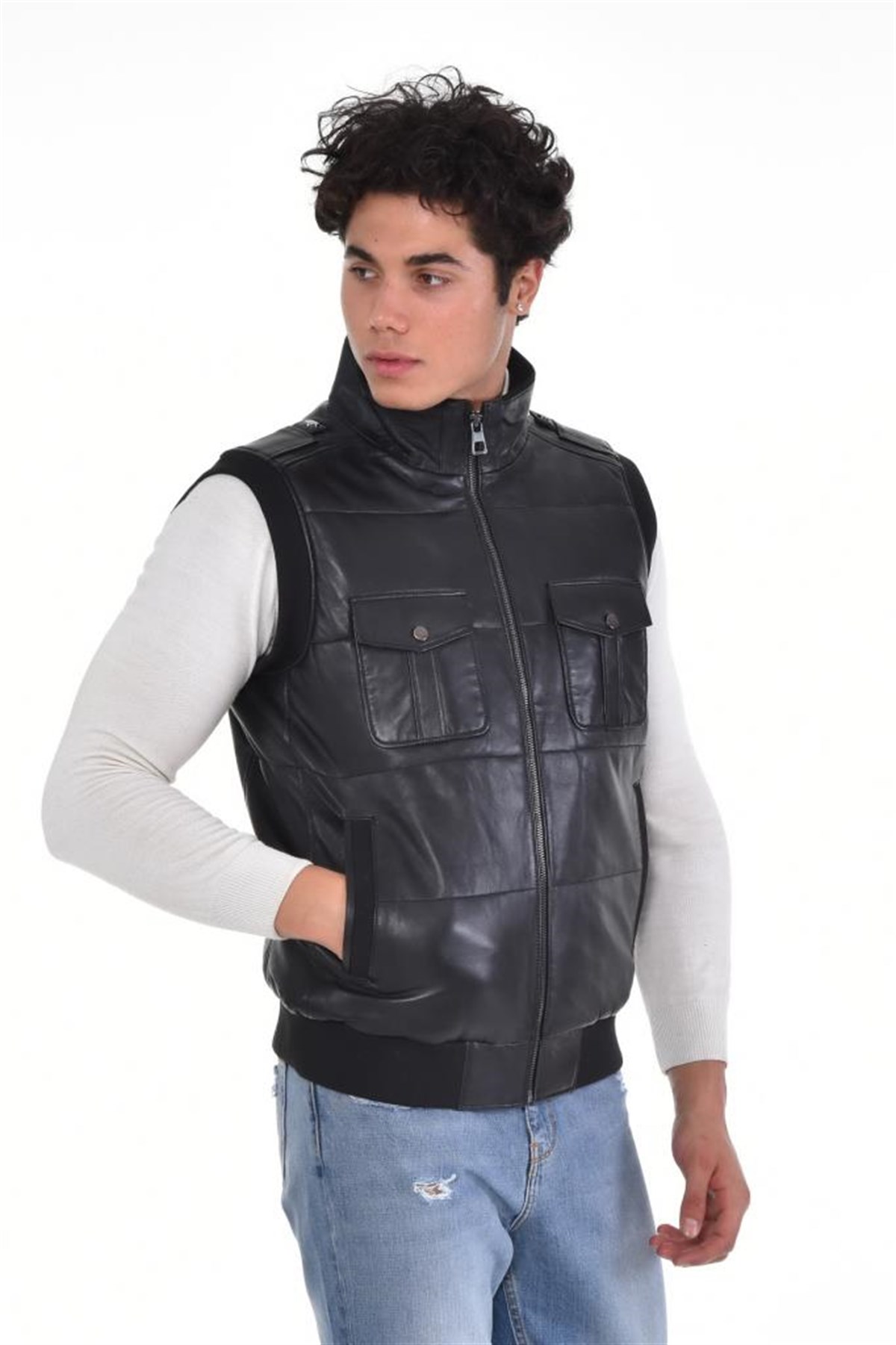 Siyah Dört Cepli Yelek Manşetli Hakiki Erkek Deri Mont, Hakiki Kuzu Deri Ceket