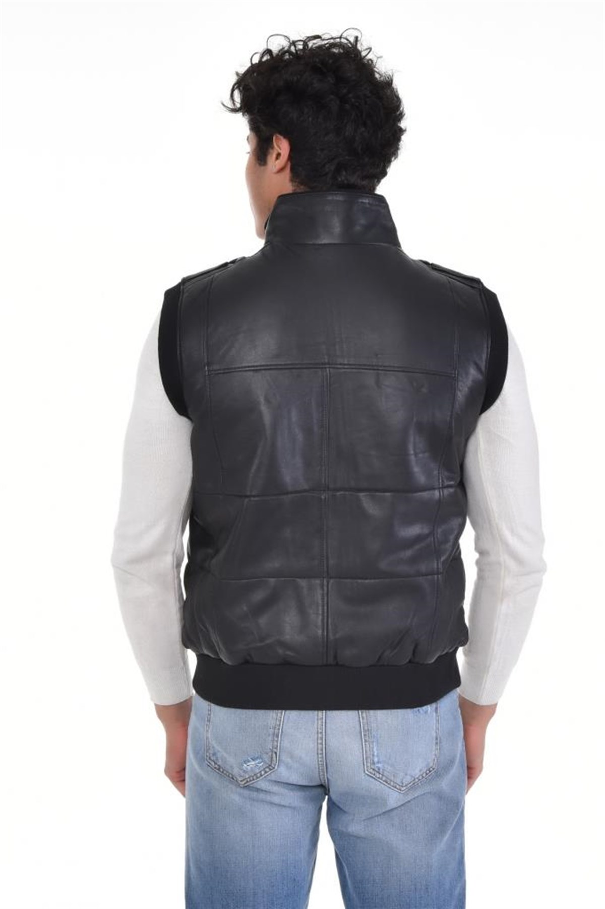 Siyah Dört Cepli Yelek Manşetli Hakiki Erkek Deri Mont, Hakiki Kuzu Deri Ceket