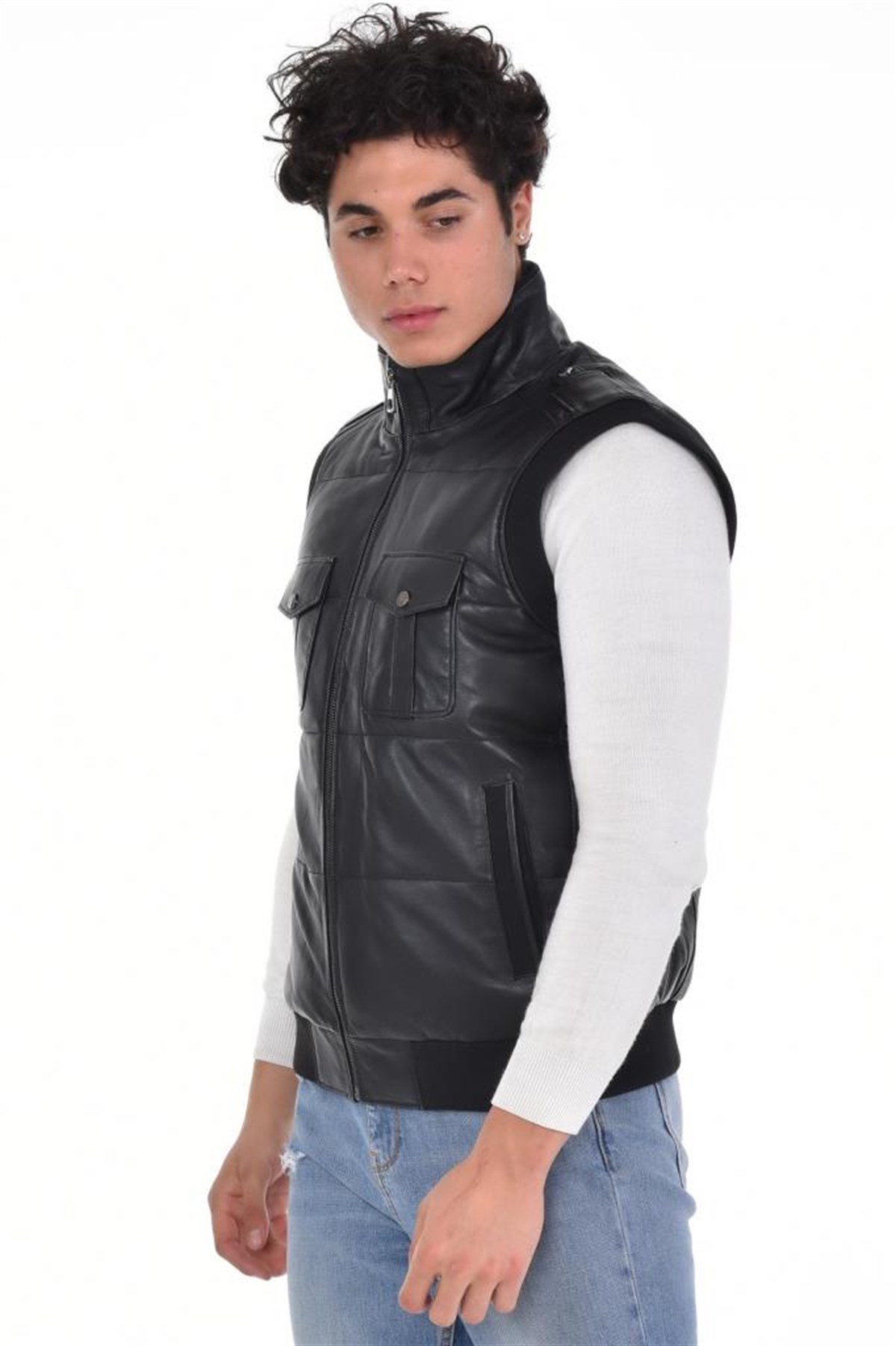 Siyah Dört Cepli Yelek Manşetli Hakiki Erkek Deri Mont, Hakiki Kuzu Deri Ceket