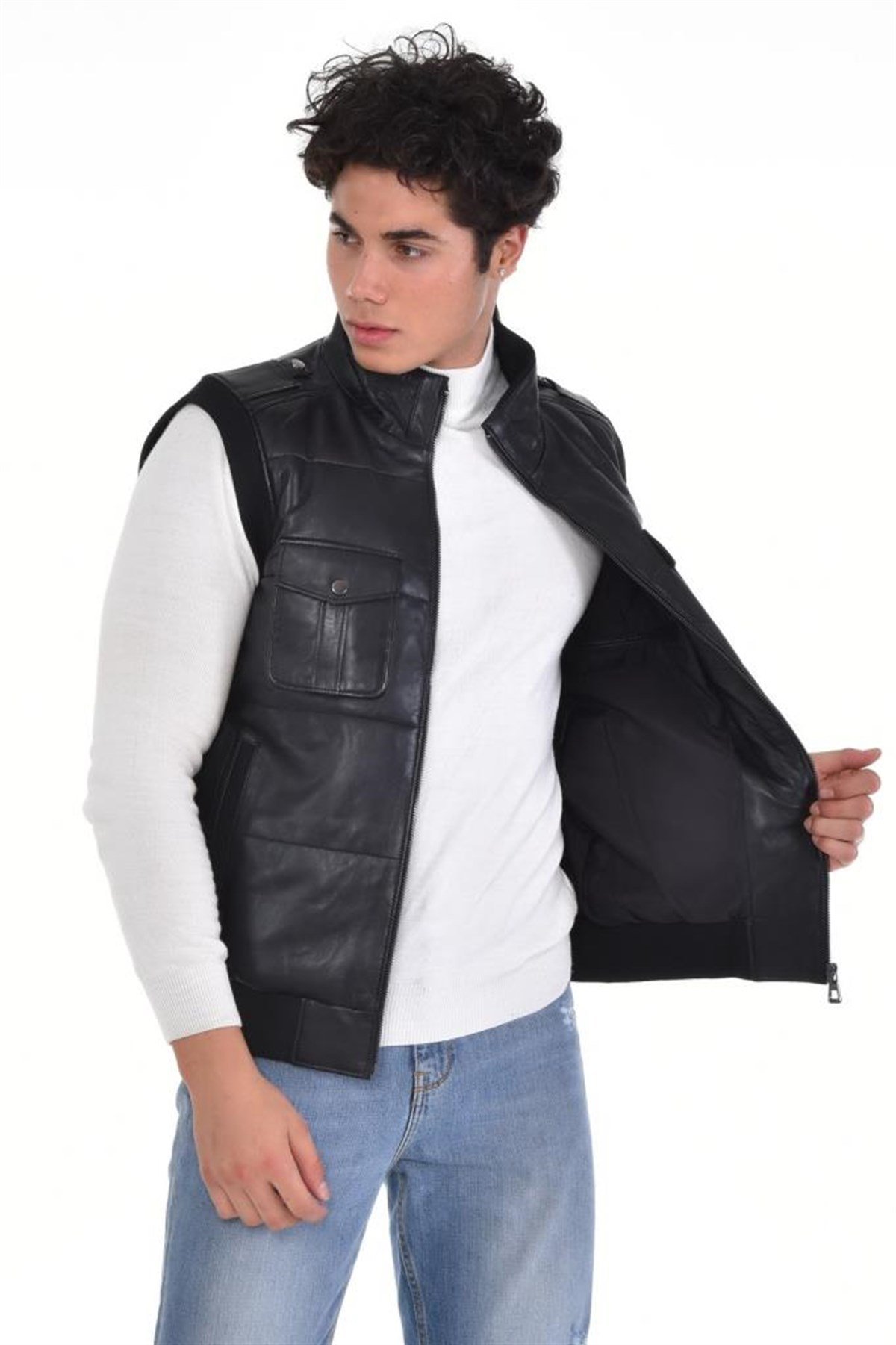 Siyah Dört Cepli Yelek Manşetli Hakiki Erkek Deri Mont, Hakiki Kuzu Deri Ceket