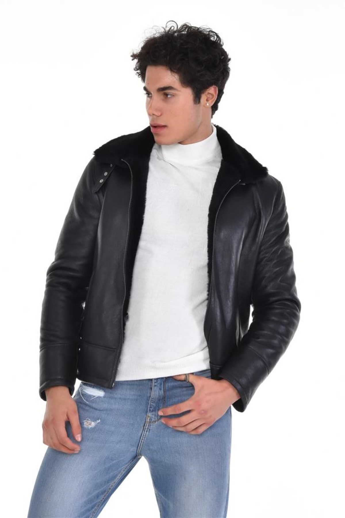 Siyah Düz Çift Cepli Kürk Yakalı  Hakiki Erkek Deri Mont, Hakiki Kuzu Deri Ceket