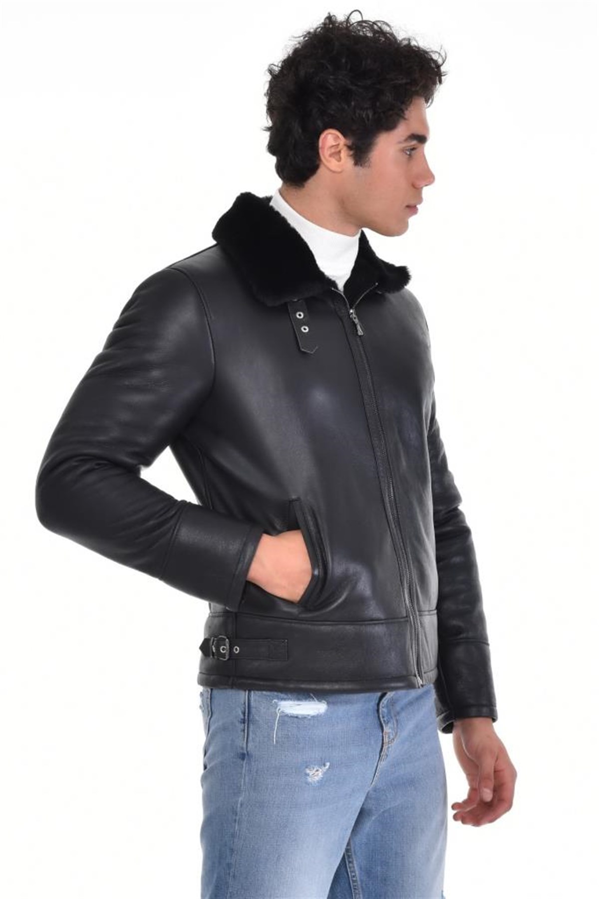 Siyah Düz Çift Cepli Kürk Yakalı  Hakiki Erkek Deri Mont, Hakiki Kuzu Deri Ceket