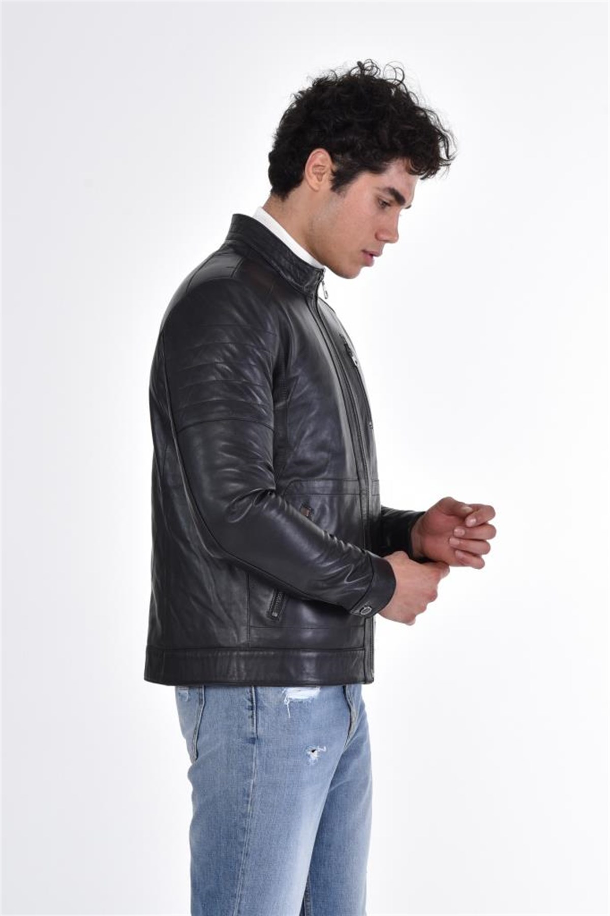 Siyah Eskitme Hakiki Erkek Deri Mont, Hakiki Kuzu Deri Ceket