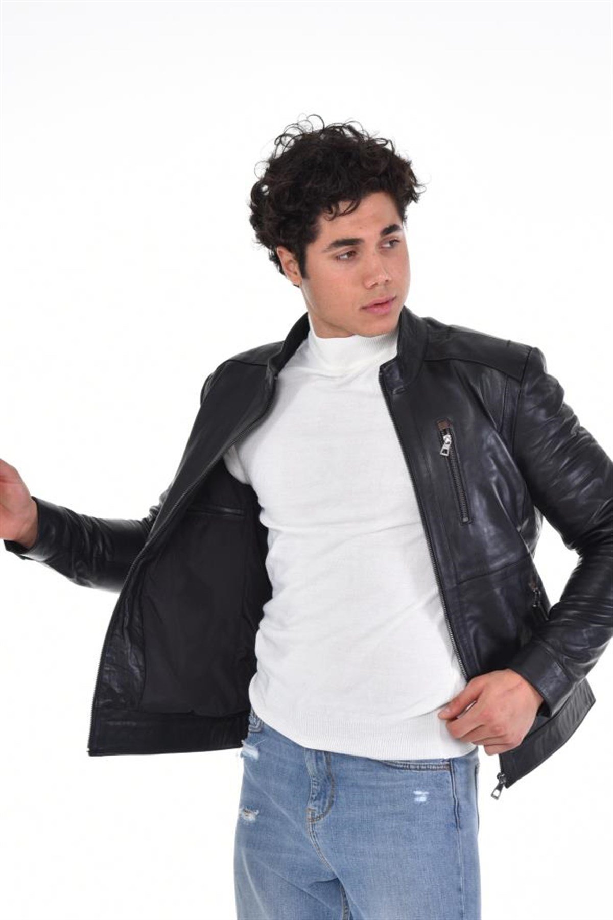 Siyah Eskitme Hakiki Erkek Deri Mont, Hakiki Kuzu Deri Ceket