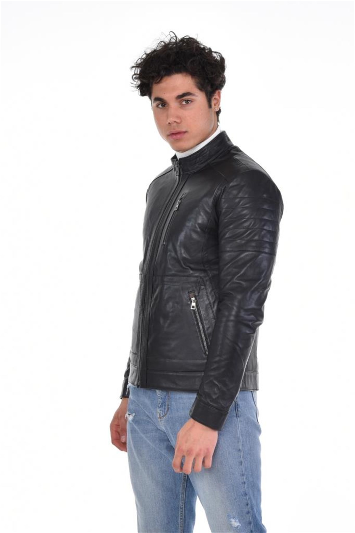 Siyah Eskitme Hakiki Erkek Deri Mont, Hakiki Kuzu Deri Ceket