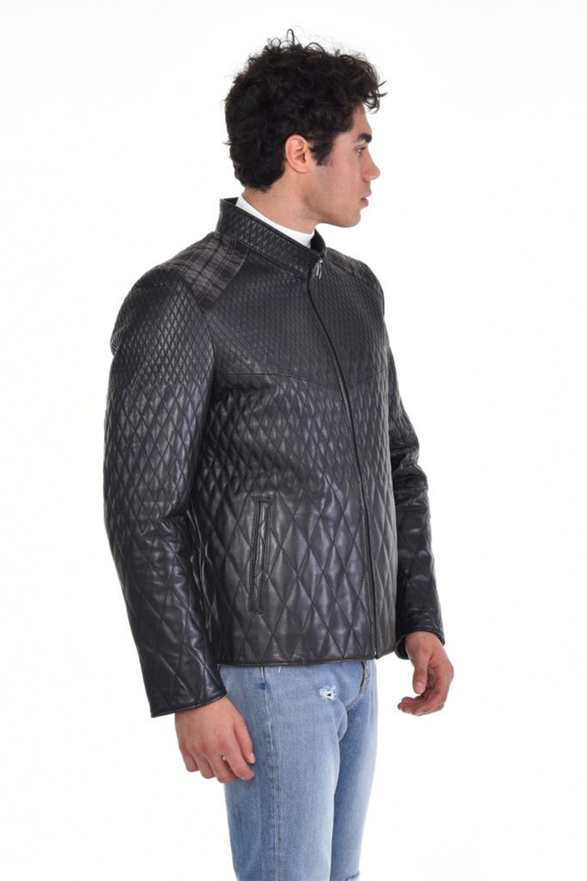 Siyah Hakim Yaka Baklava Desen Tek Fermuar Hakiki Erkek Deri Mont, Hakiki Kuzu Deri Ceket