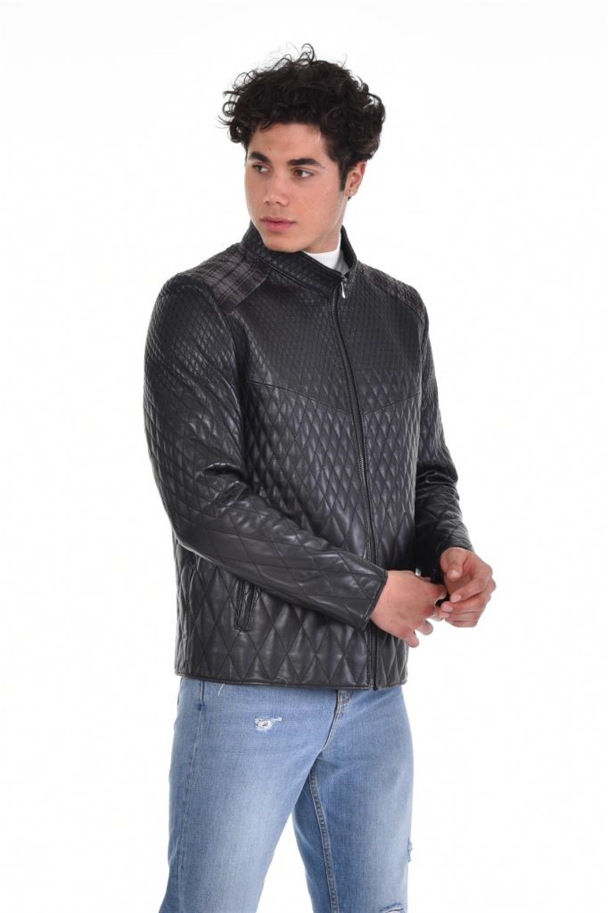 Siyah Hakim Yaka Baklava Desen Tek Fermuar Hakiki Erkek Deri Mont, Hakiki Kuzu Deri Ceket