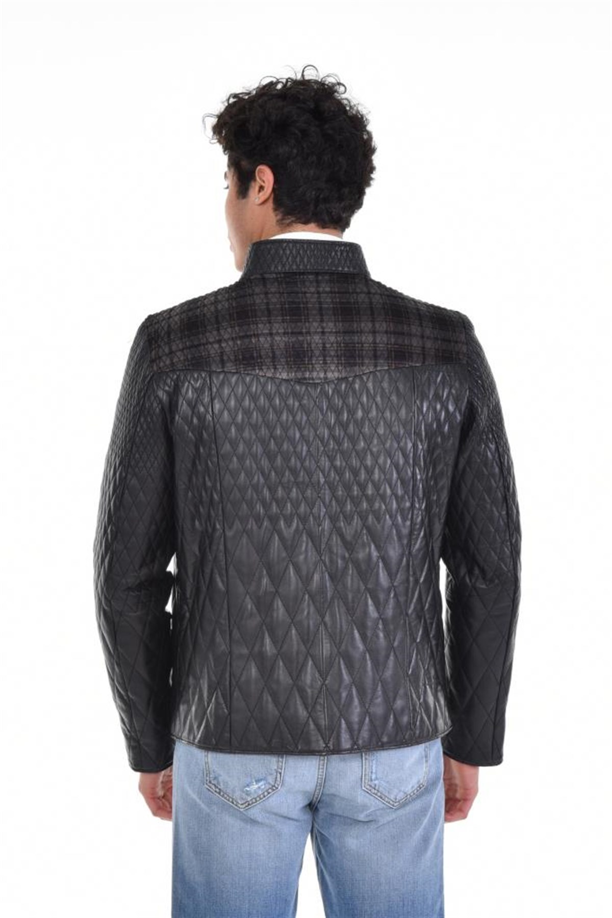 Siyah Hakim Yaka Baklava Desen Tek Fermuar Hakiki Erkek Deri Mont, Hakiki Kuzu Deri Ceket