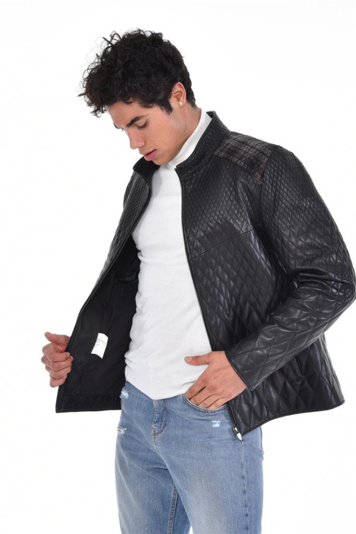 Siyah Hakim Yaka Baklava Desen Tek Fermuar Hakiki Erkek Deri Mont, Hakiki Kuzu Deri Ceket