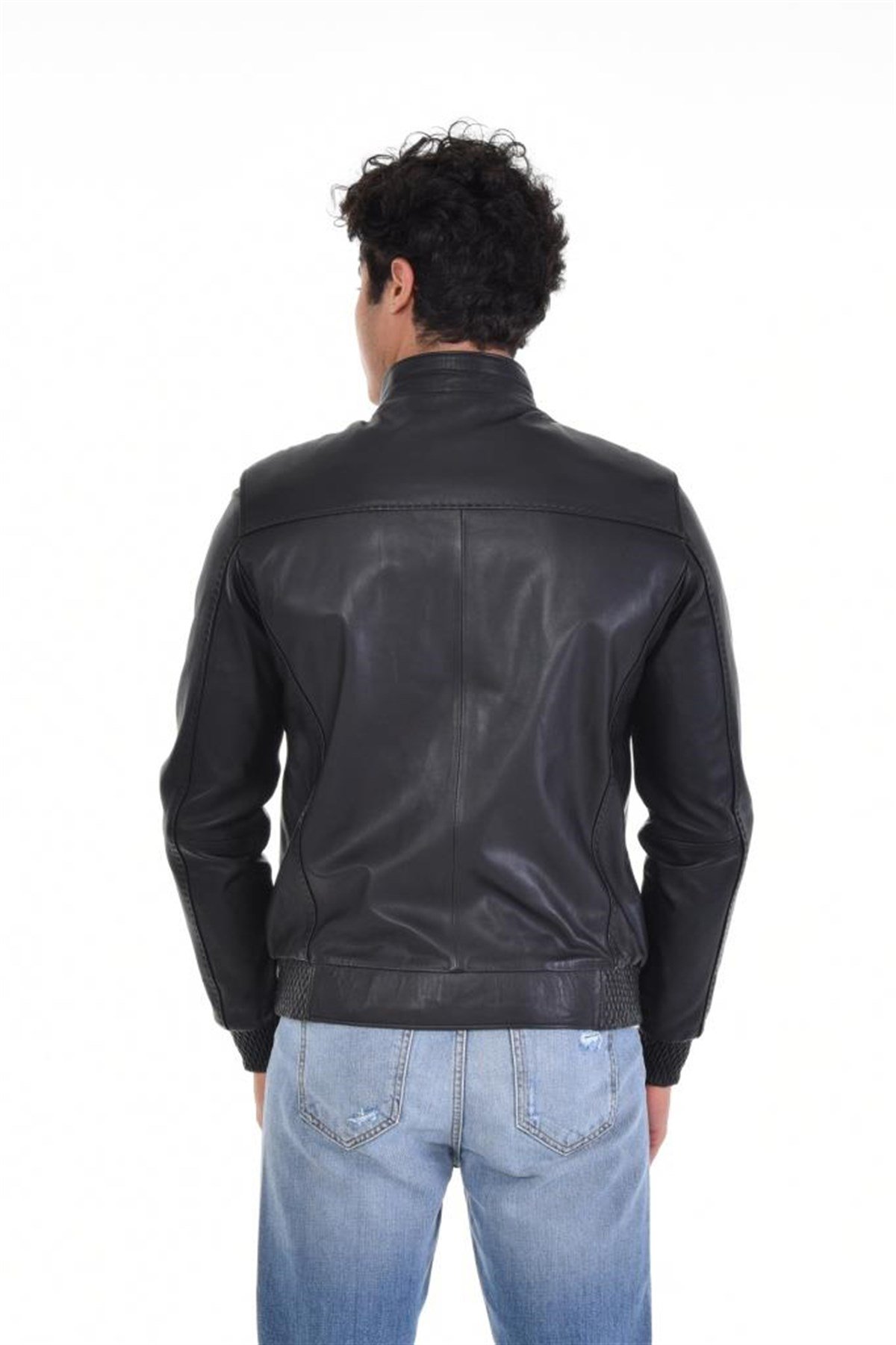 Siyah Hakim Yaka Tek Fermuar Düz Cepli Hakiki Erkek Deri Mont, Hakiki Kuzu Deri Ceket