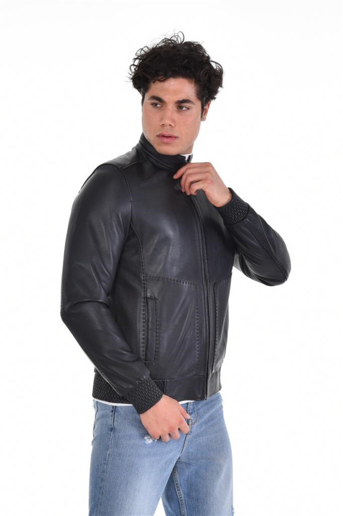 Siyah Hakim Yaka Tek Fermuar Düz Cepli Hakiki Erkek Deri Mont, Hakiki Kuzu Deri Ceket