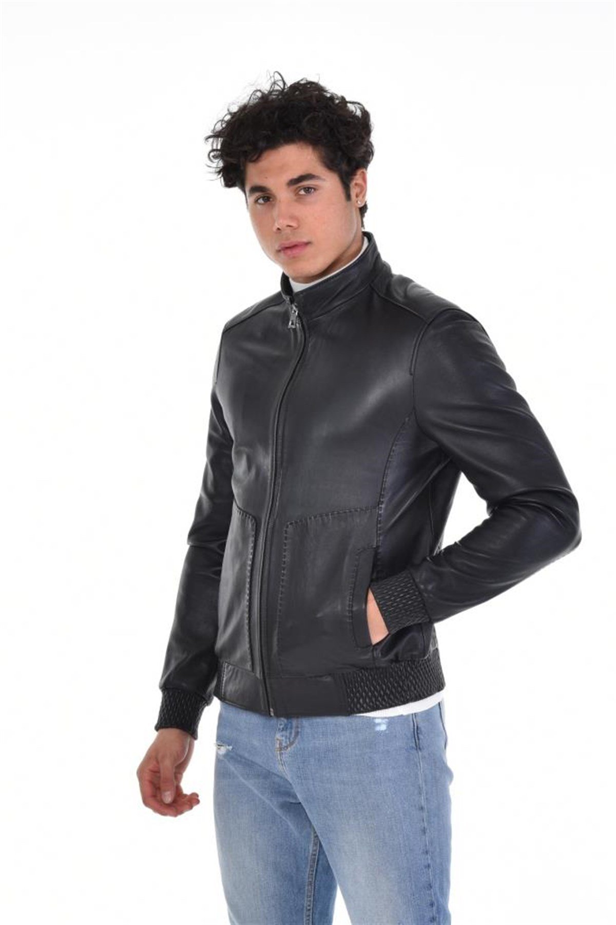 Siyah Hakim Yaka Tek Fermuar Düz Cepli Hakiki Erkek Deri Mont, Hakiki Kuzu Deri Ceket