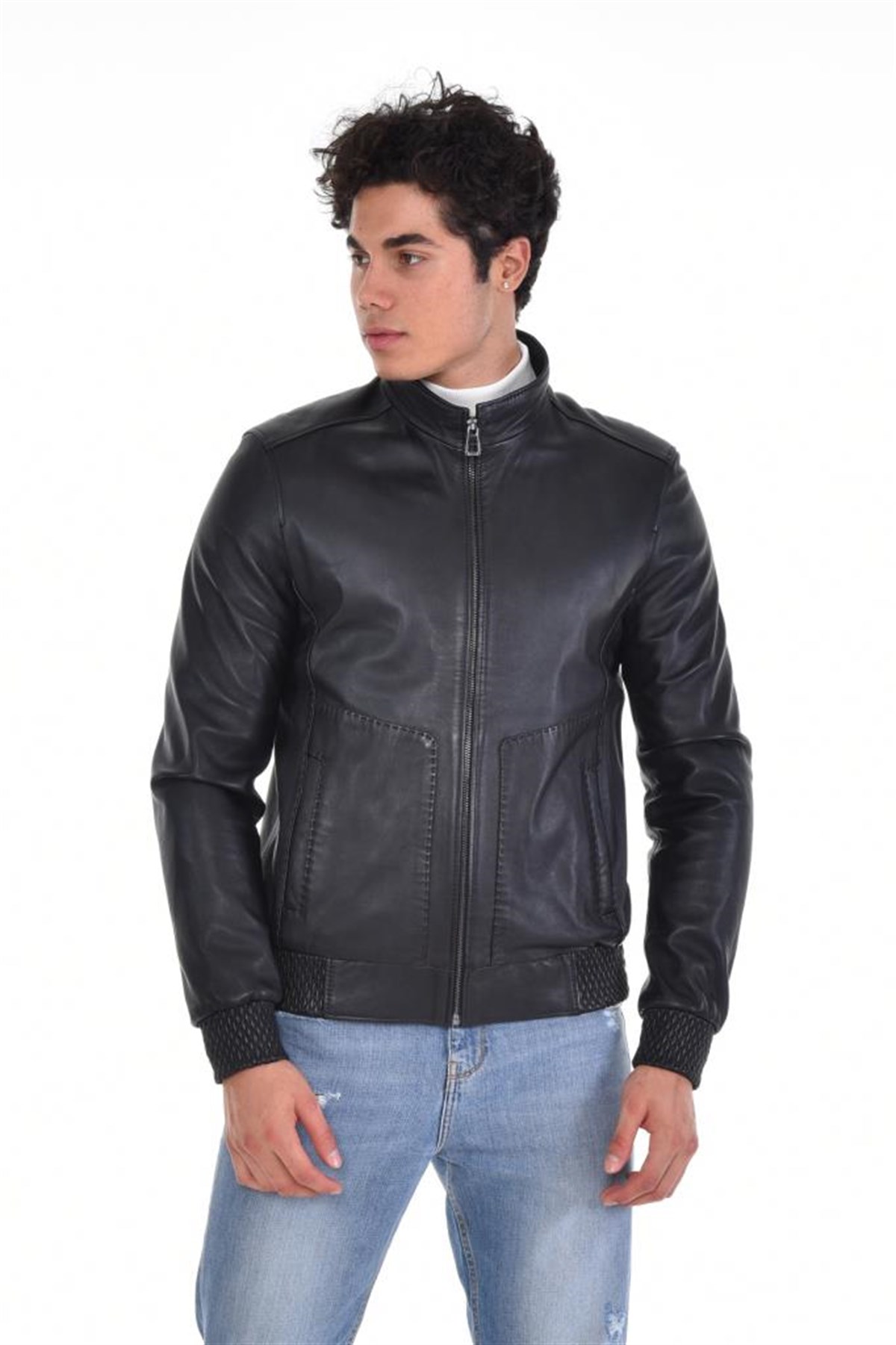 Siyah Hakim Yaka Tek Fermuar Düz Cepli Hakiki Erkek Deri Mont, Hakiki Kuzu Deri Ceket