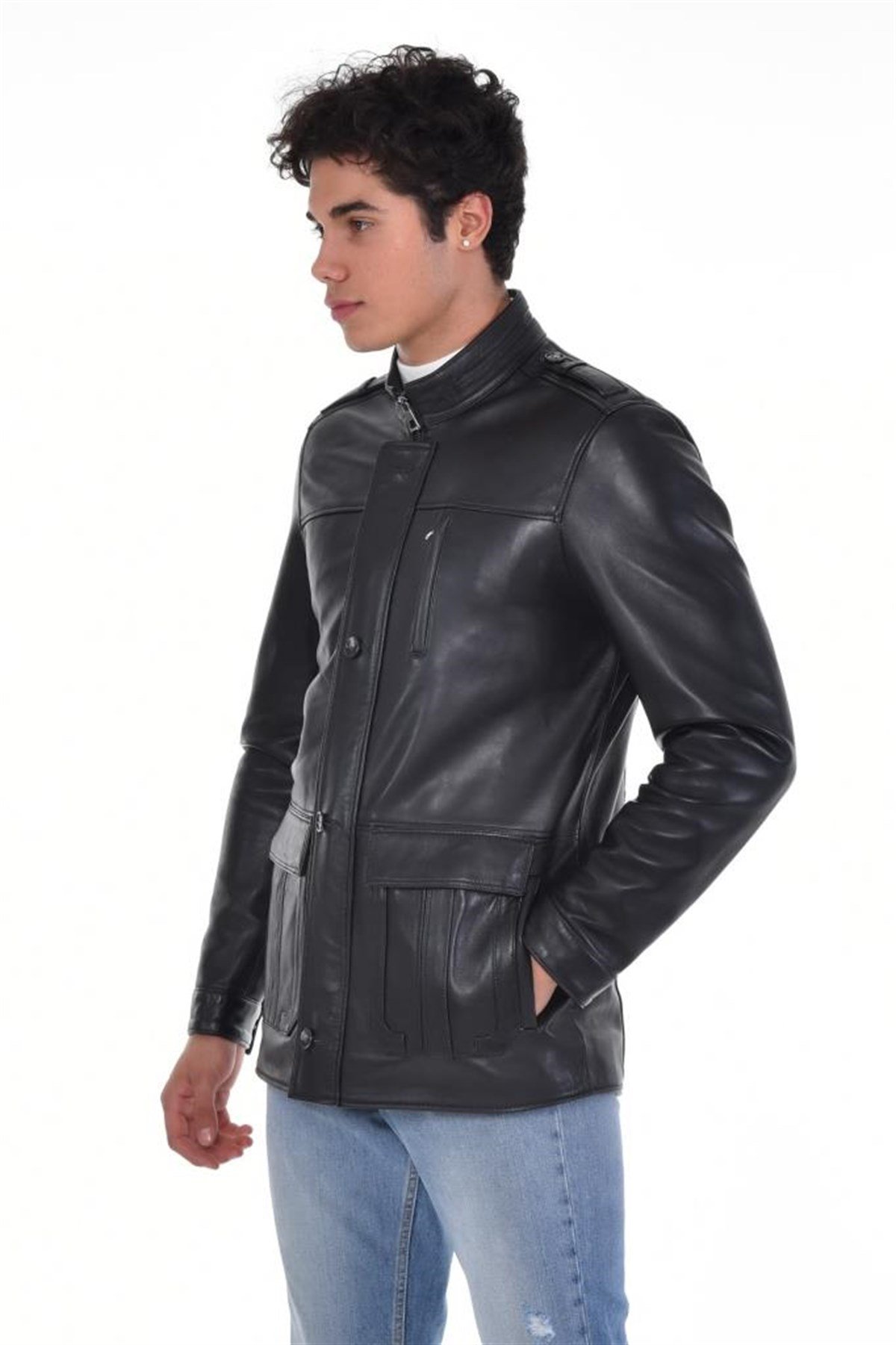 Siyah Kapaklı Cepli Yaka Düğmeli  Hakiki Erkek Deri Mont, Hakiki Kuzu Deri Ceket