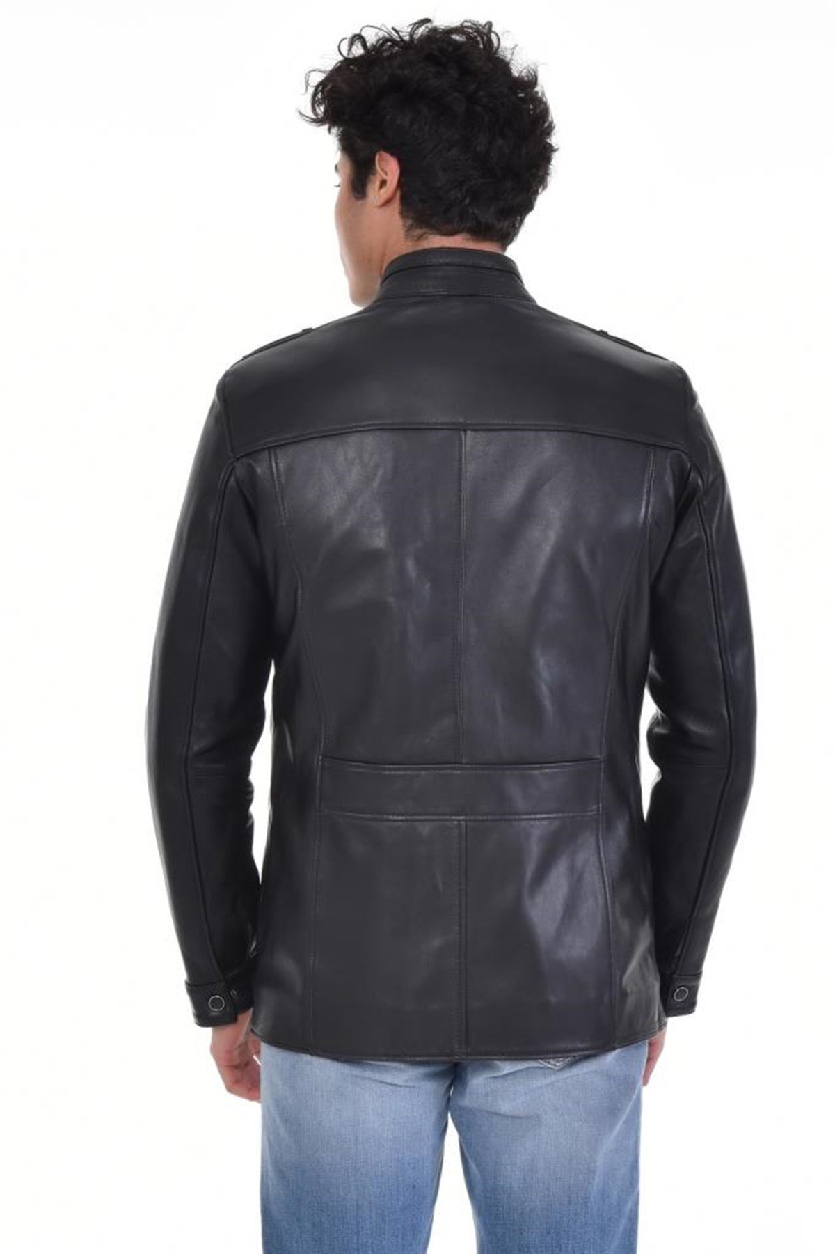 Siyah Kapaklı Cepli Yaka Düğmeli  Hakiki Erkek Deri Mont, Hakiki Kuzu Deri Ceket