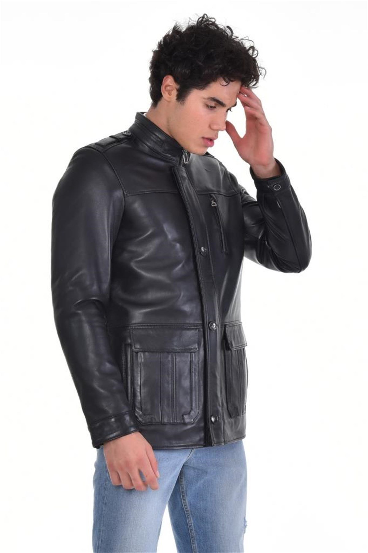 Siyah Kapaklı Cepli Yaka Düğmeli  Hakiki Erkek Deri Mont, Hakiki Kuzu Deri Ceket