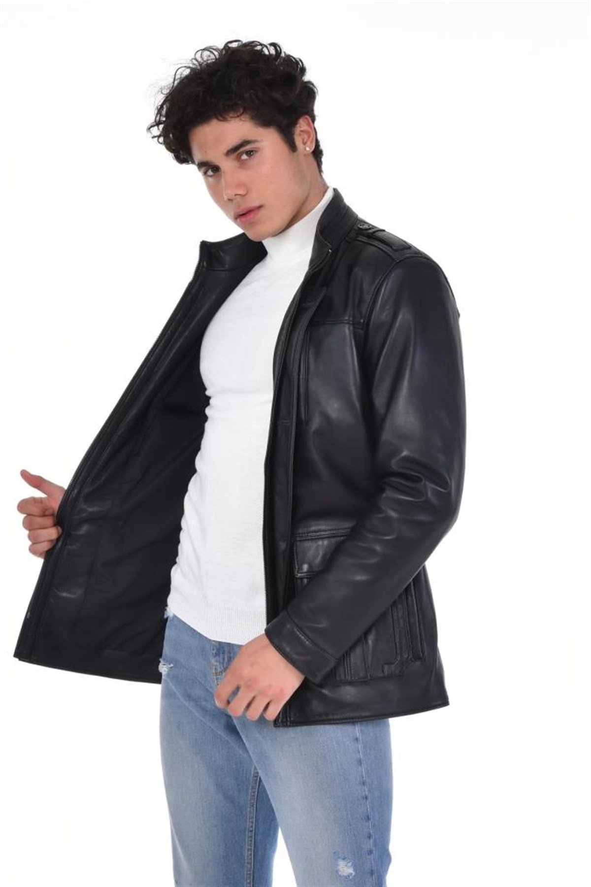 Siyah Kapaklı Cepli Yaka Düğmeli  Hakiki Erkek Deri Mont, Hakiki Kuzu Deri Ceket