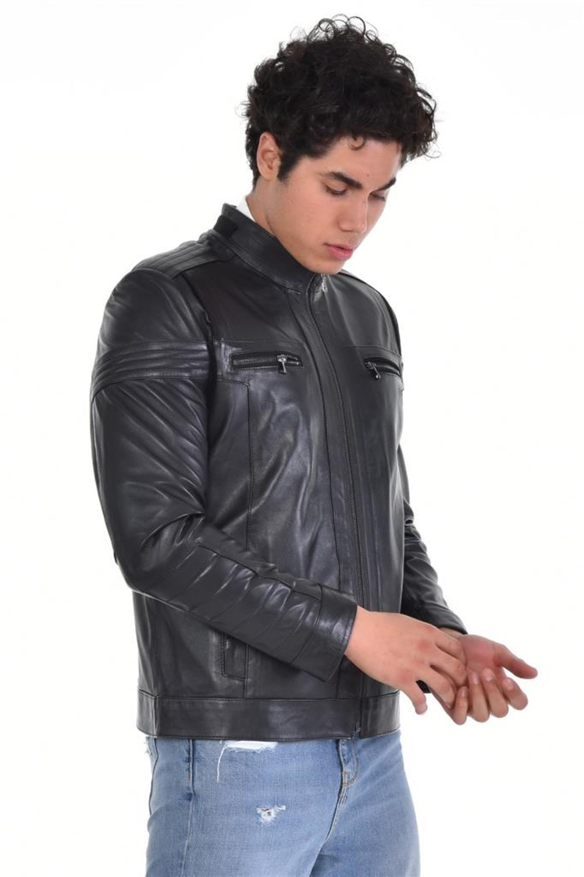 Siyah Omuz Yatay Motifli Hakiki Erkek Deri Mont, Hakiki Kuzu Deri Ceket