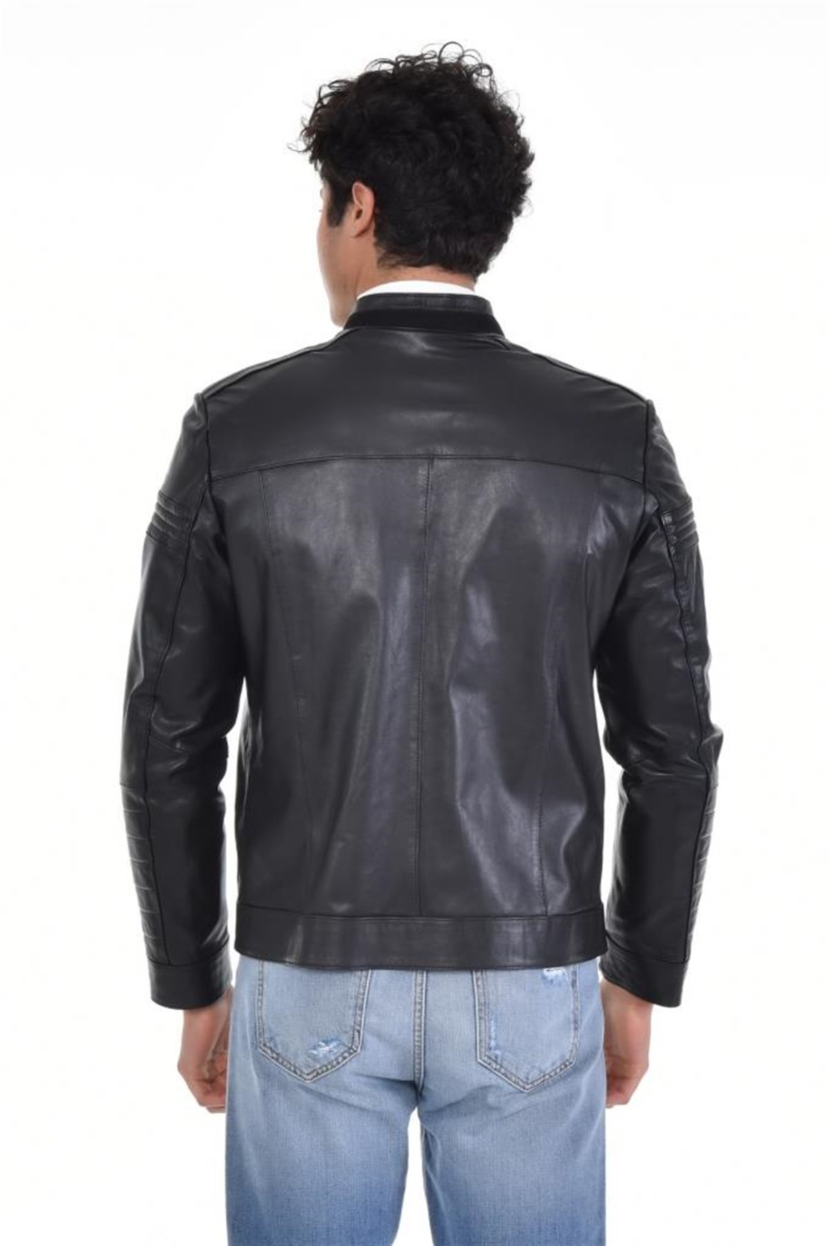 Siyah Omuz Yatay Motifli Hakiki Erkek Deri Mont, Hakiki Kuzu Deri Ceket