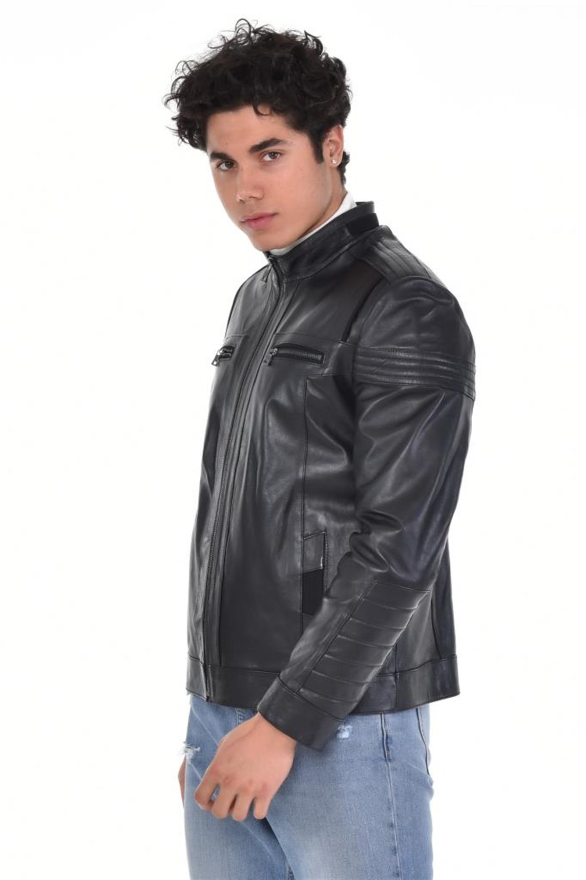 Siyah Omuz Yatay Motifli Hakiki Erkek Deri Mont, Hakiki Kuzu Deri Ceket