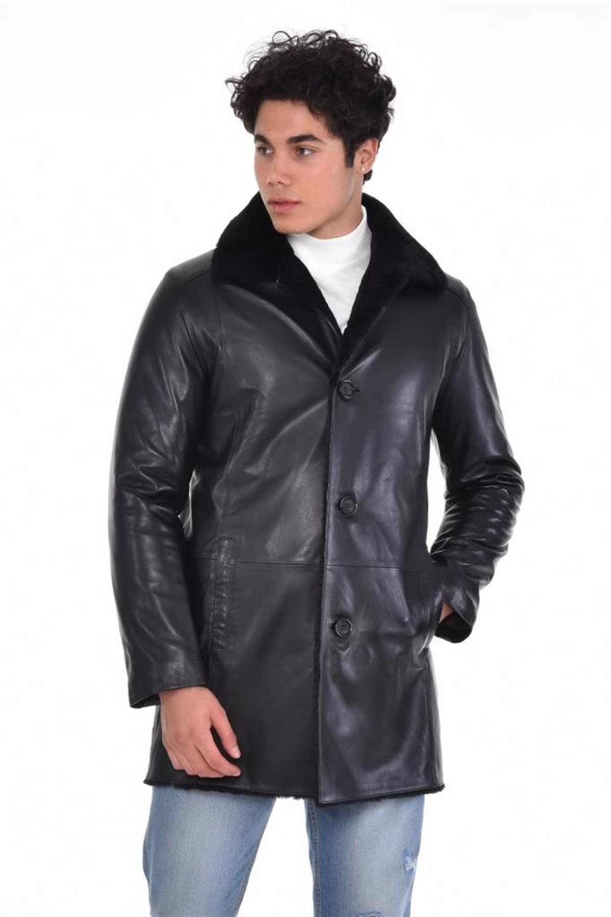 Siyah Üç Düğmeli Kürk Yaka Mont Hakiki Erkek Deri Mont, Hakiki Kuzu Deri Ceket