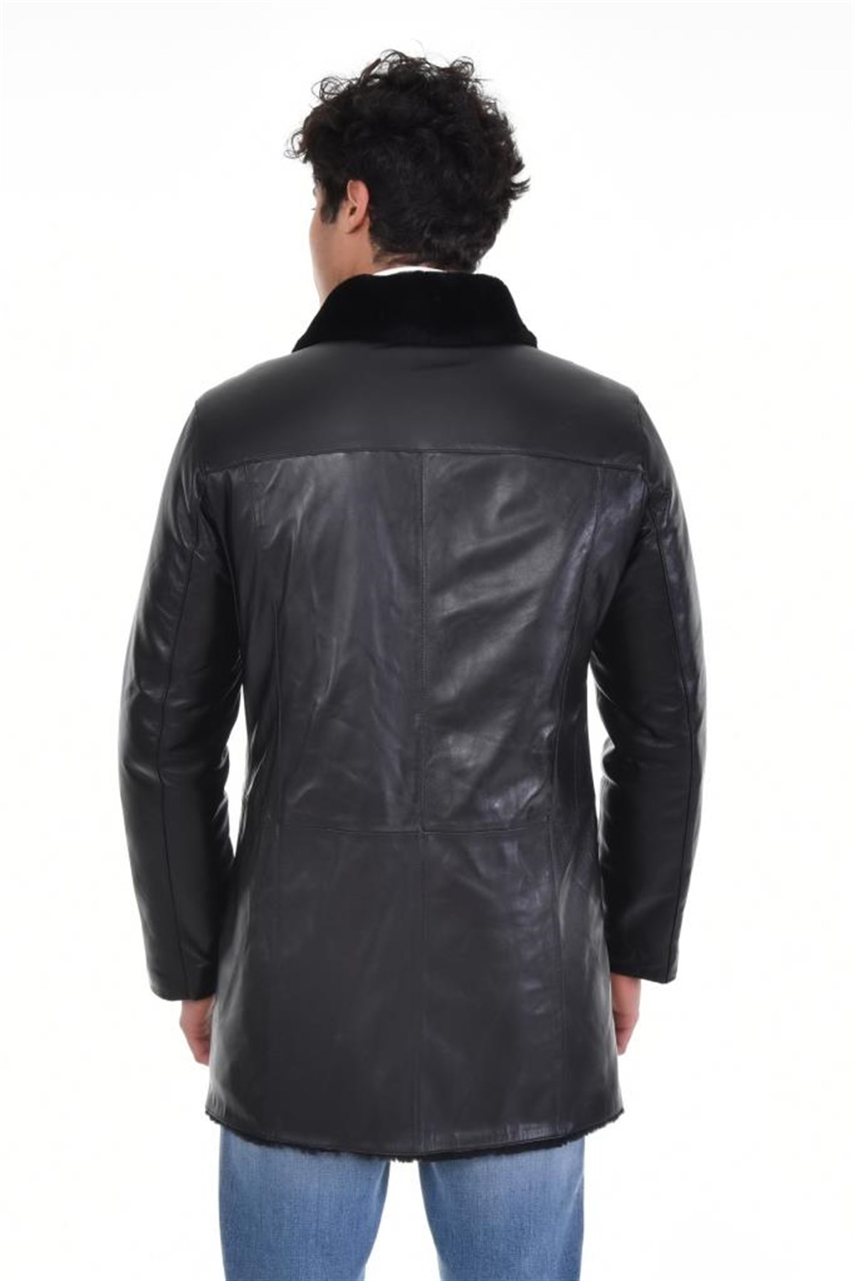 Siyah Üç Düğmeli Kürk Yaka Mont Hakiki Erkek Deri Mont, Hakiki Kuzu Deri Ceket