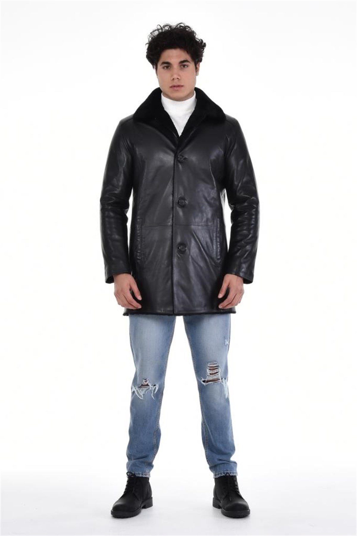 Siyah Üç Düğmeli Kürk Yaka Mont Hakiki Erkek Deri Mont, Hakiki Kuzu Deri Ceket