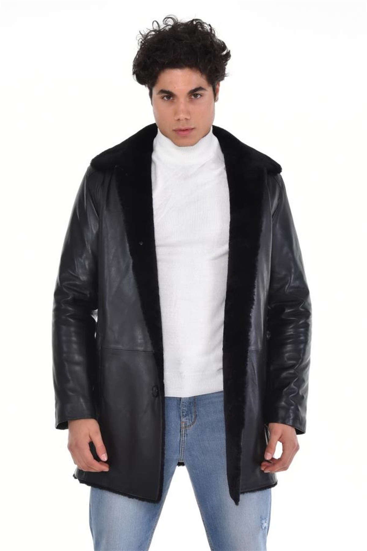 Siyah Üç Düğmeli Kürk Yaka Mont Hakiki Erkek Deri Mont, Hakiki Kuzu Deri Ceket