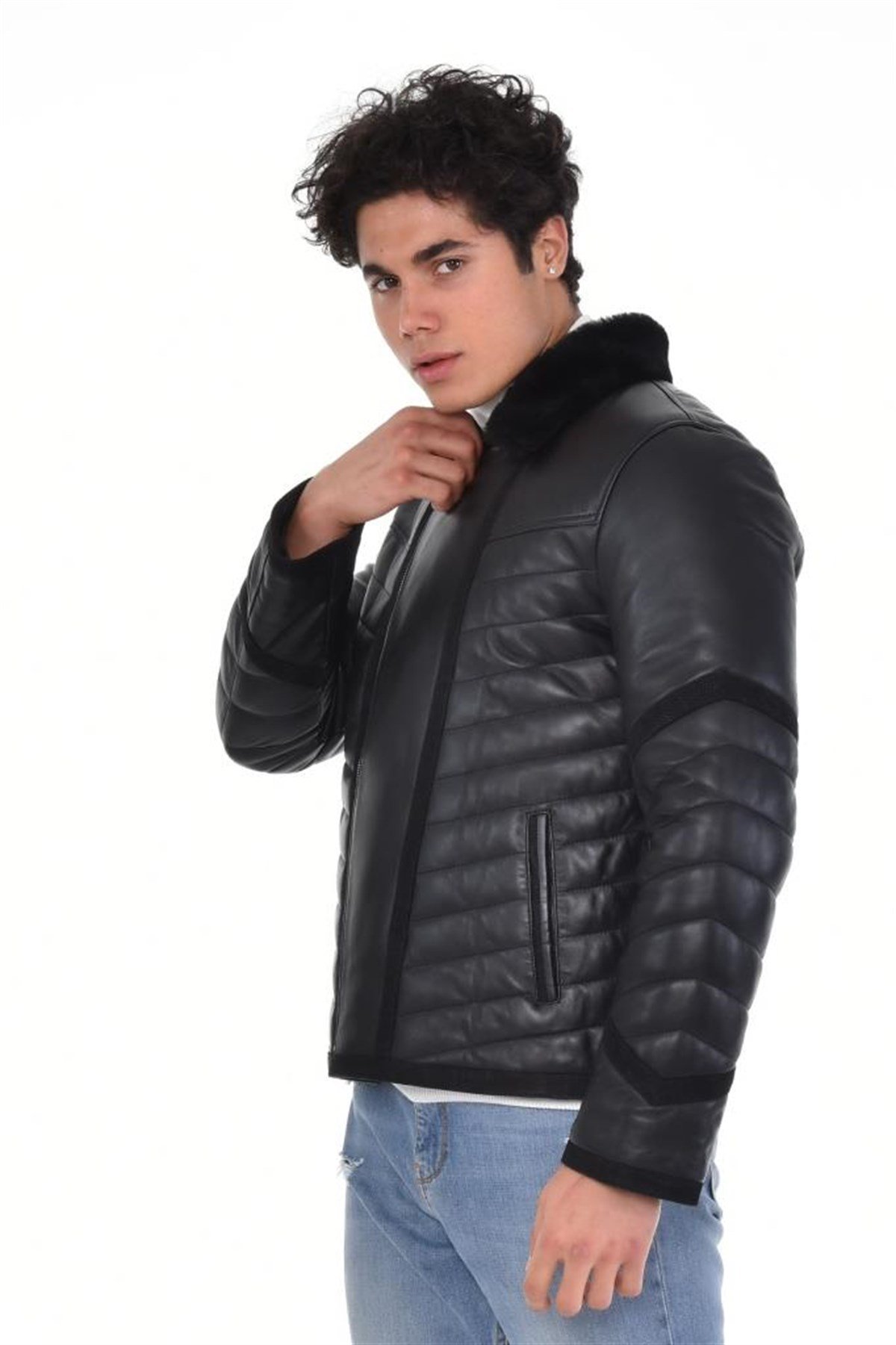 Siyah V Fermuarlı Kürk Yaka Mont Hakiki Erkek Deri Mont, Hakiki Kuzu Deri Ceket