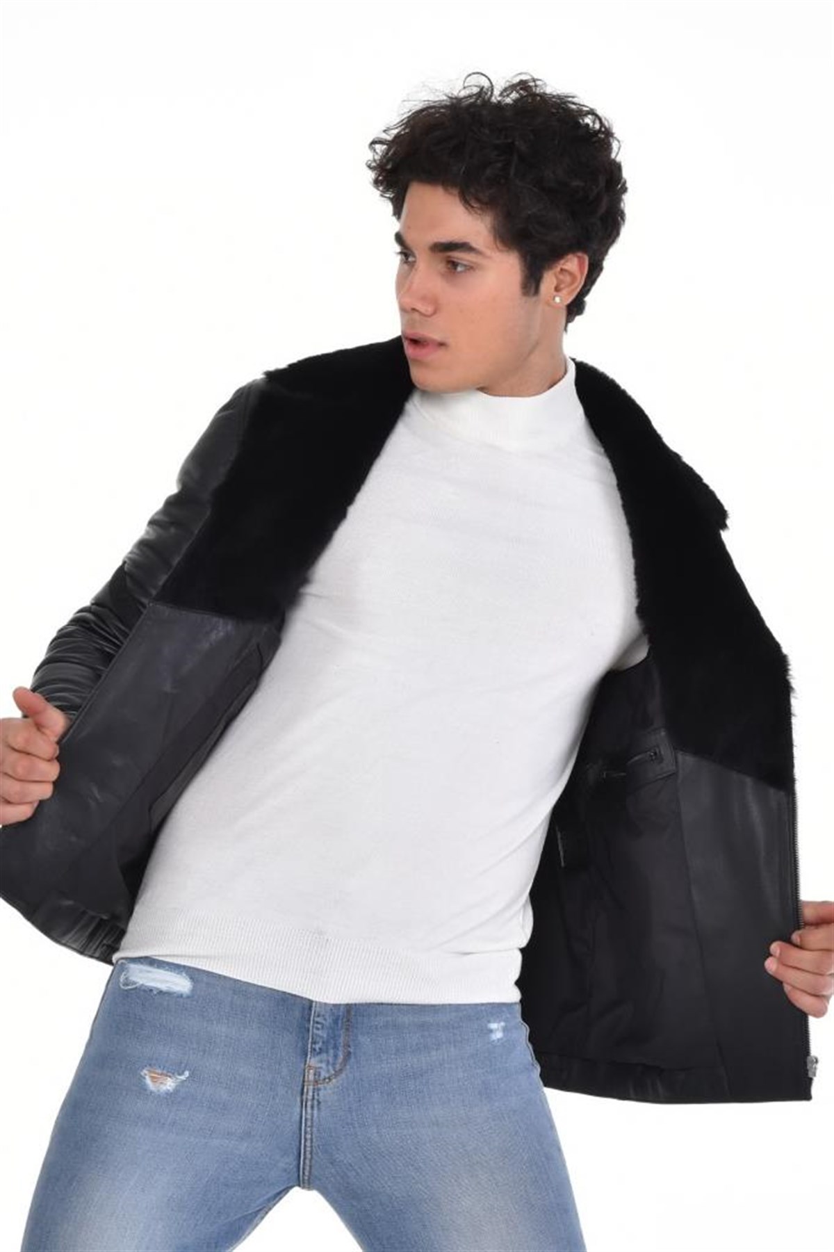 Siyah V Fermuarlı Kürk Yaka Mont Hakiki Erkek Deri Mont, Hakiki Kuzu Deri Ceket