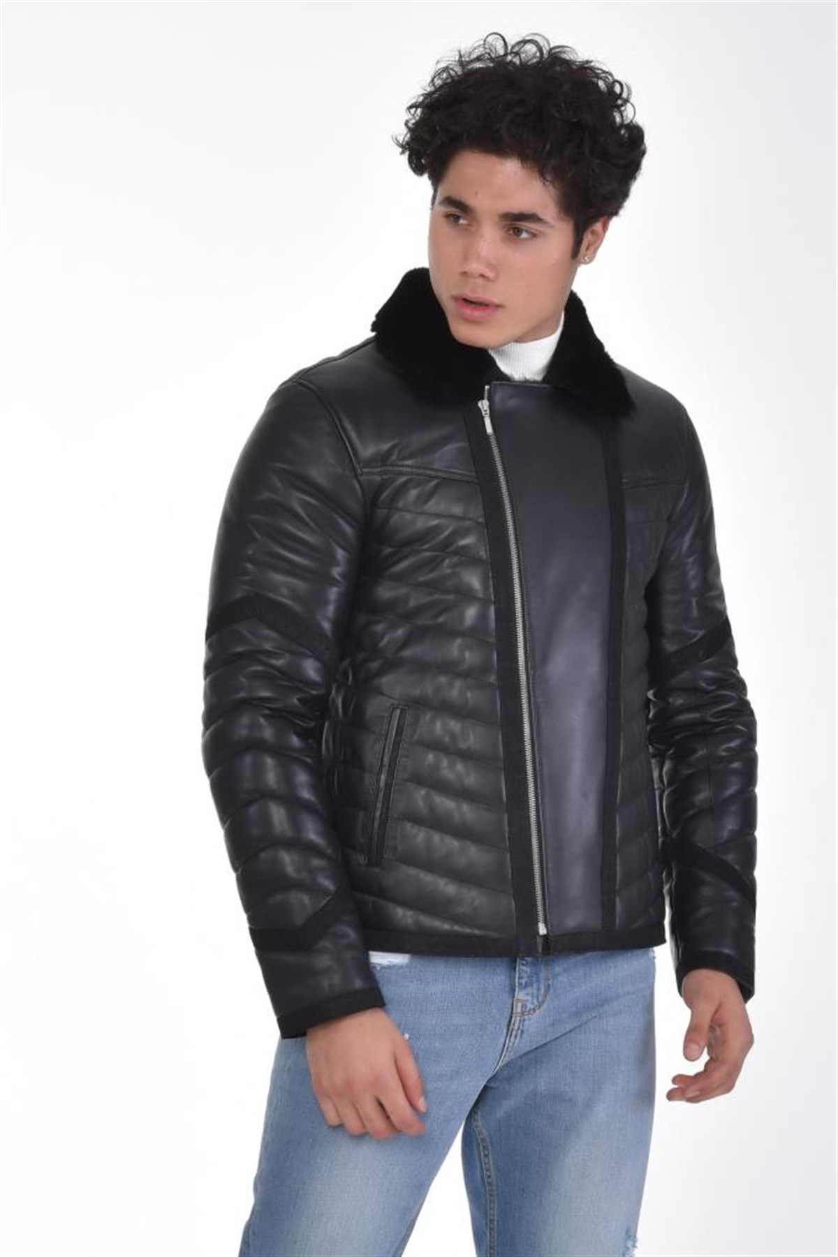 Siyah V Fermuarlı Kürk Yaka Mont Hakiki Erkek Deri Mont, Hakiki Kuzu Deri Ceket