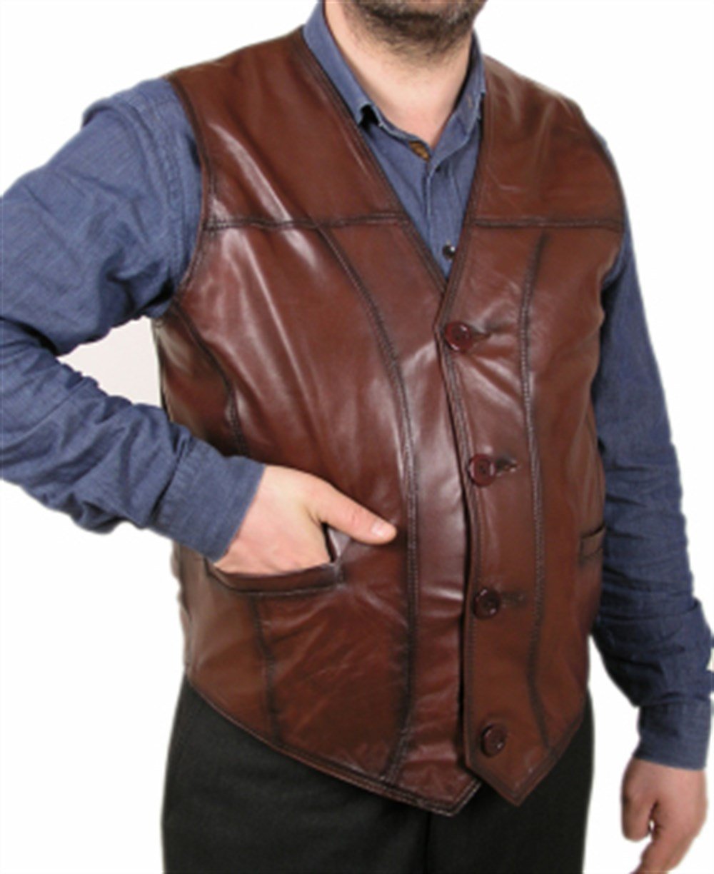 Vişne Rengi Fit Kesim Erkek Deri Yelek