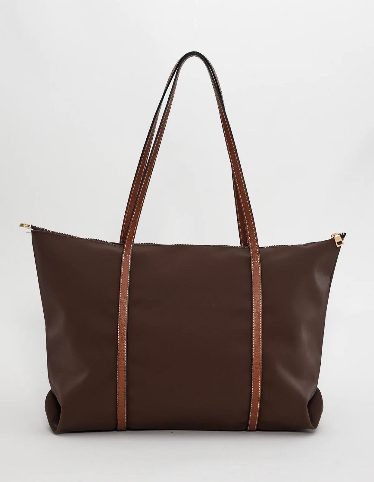 Acı Kahve Şeritli Shopper Omuz Çantası
