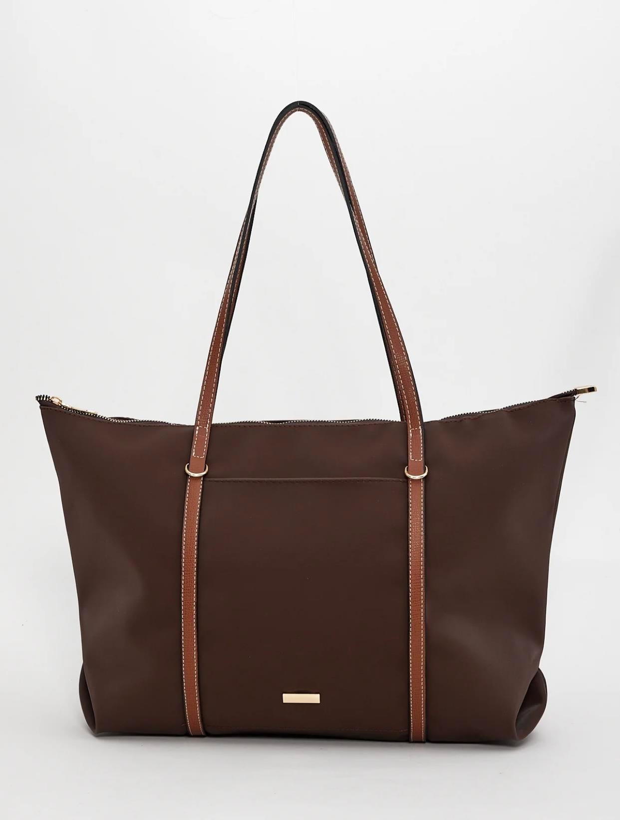 Acı Kahve Şeritli Shopper Omuz Çantası